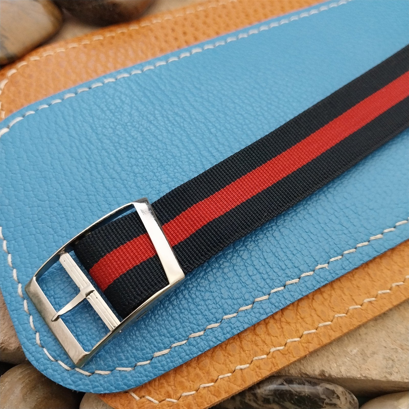 Vintage 18mm Blue & Red Striped Nylon Classic Single Pass nos Unused Watch Band