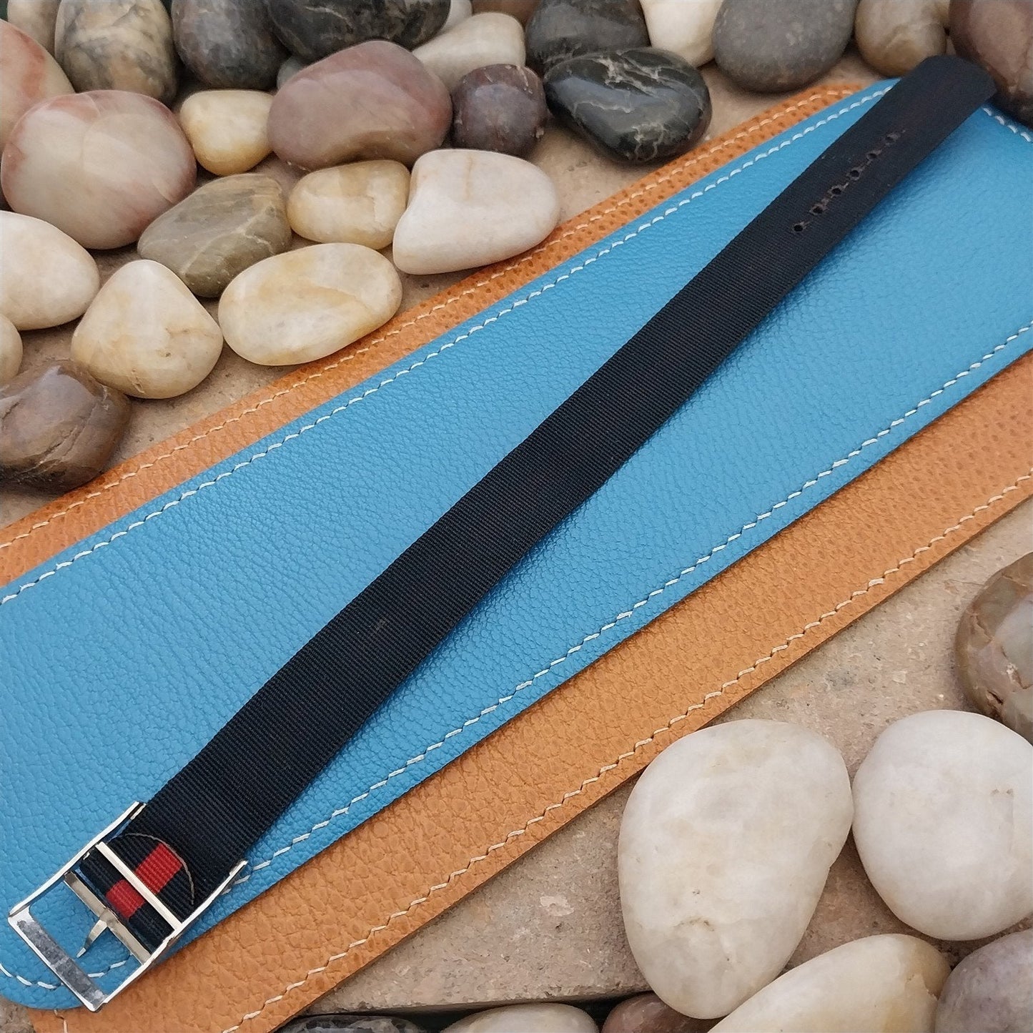 Vintage 18mm Blue & Red Striped Nylon Classic Single Pass nos Unused Watch Band