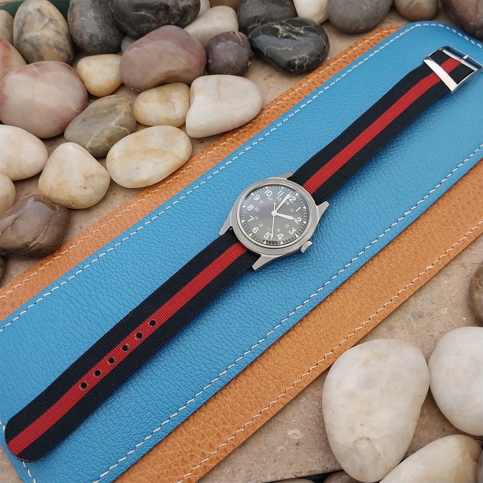 Vintage 18mm Blue & Red Striped Nylon Classic Single Pass nos Unused Watch Band