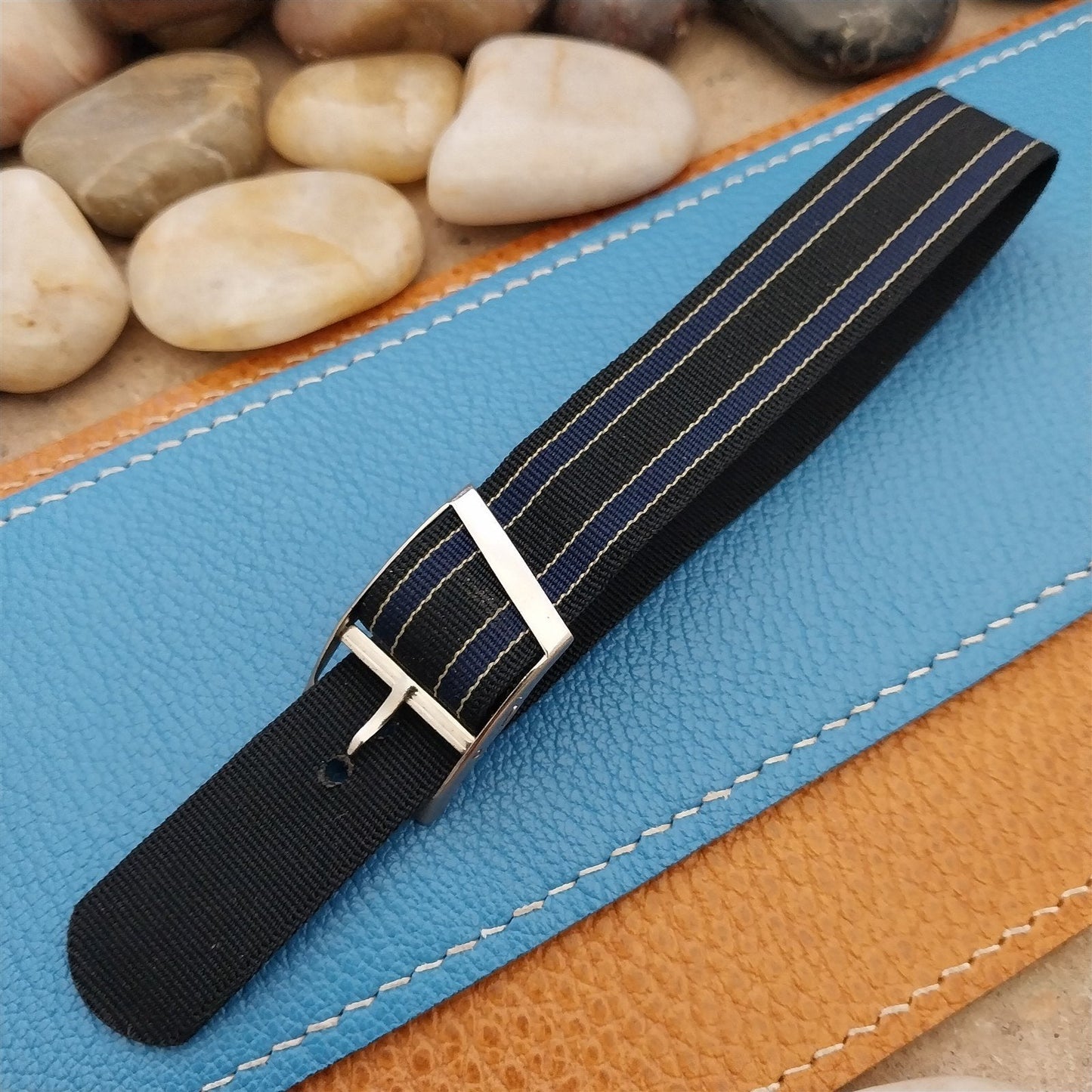 Vintage 18mm Blue & Black Striped Nylon Classic Single Pass Unused Watch Band