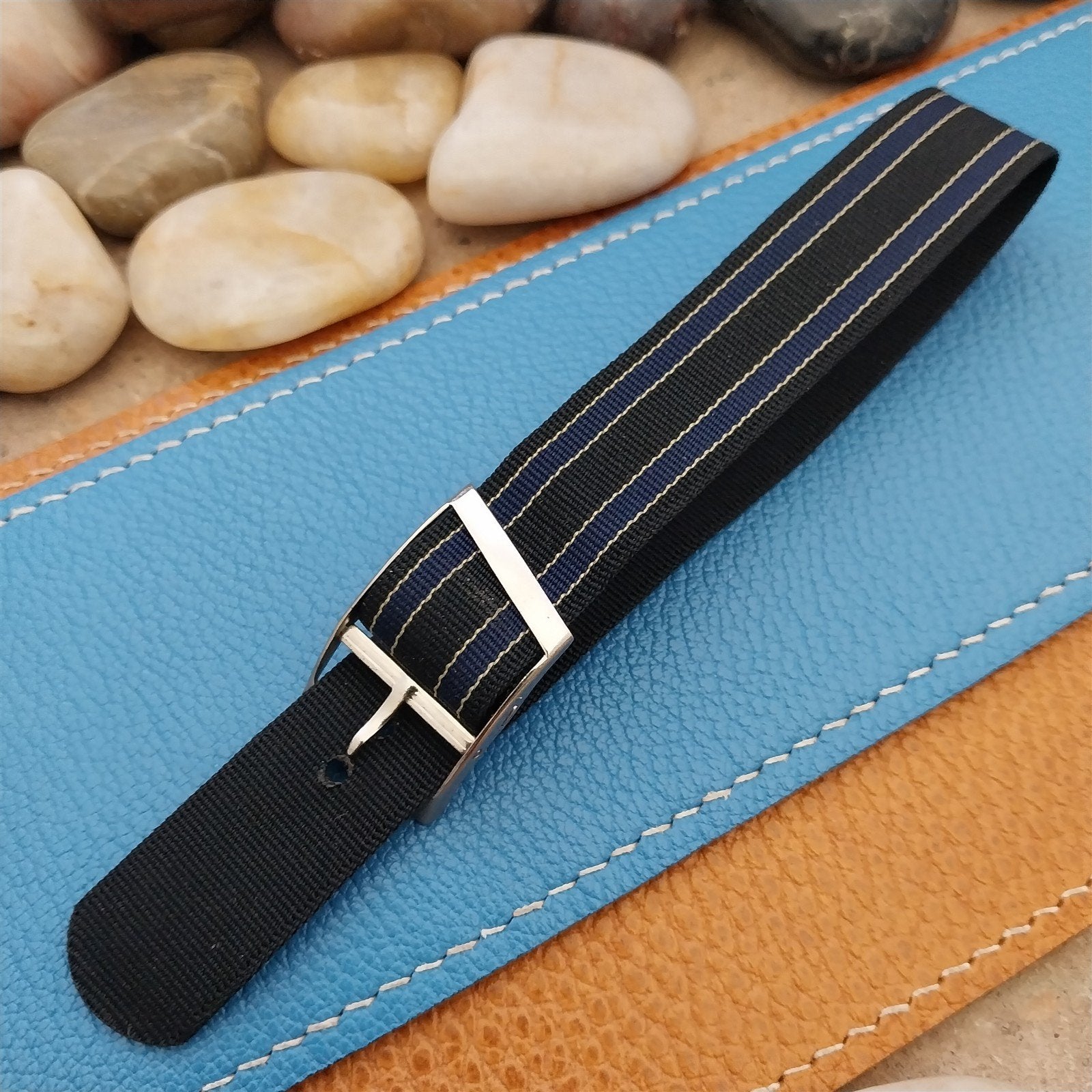 Vintage 18mm Blue & Black Striped Nylon Classic Single Pass Unused Watch Band