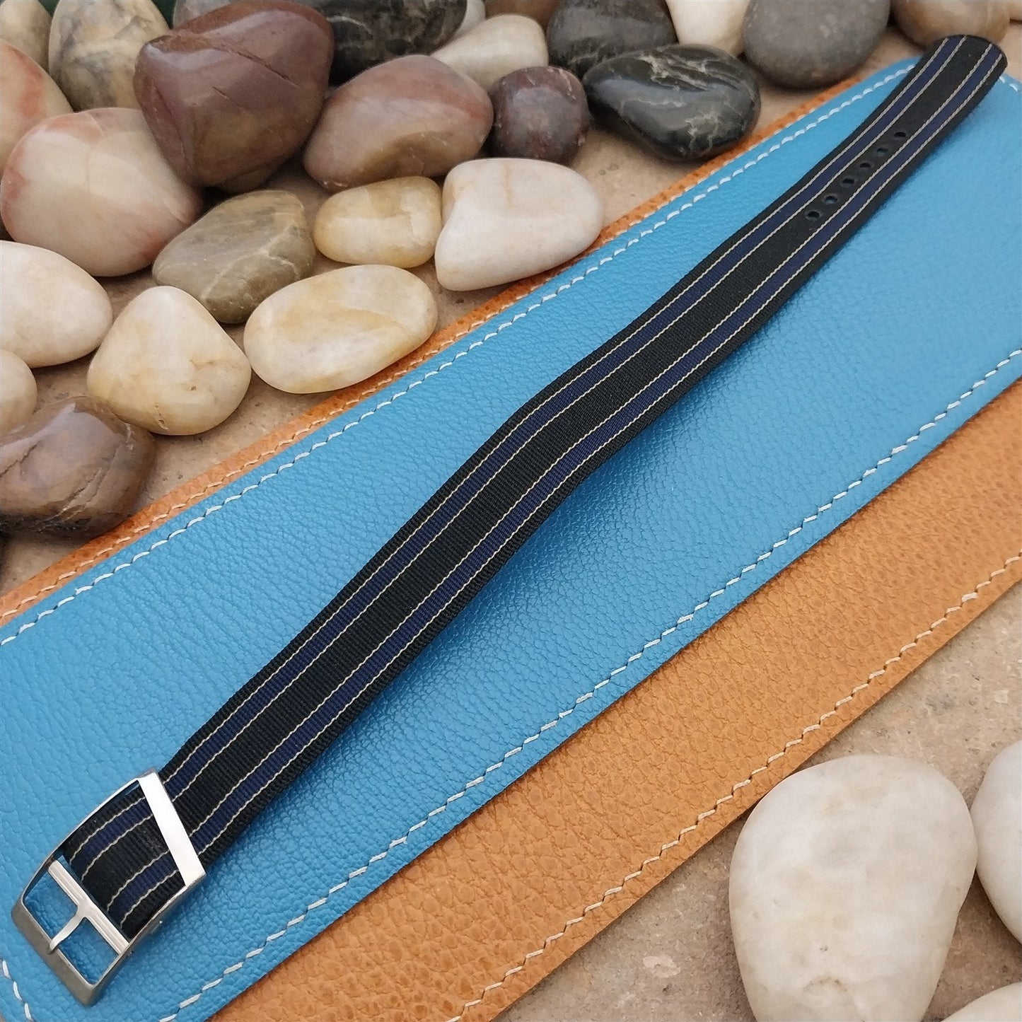 Vintage 18mm Blue & Black Striped Nylon Classic Single Pass Unused Watch Band