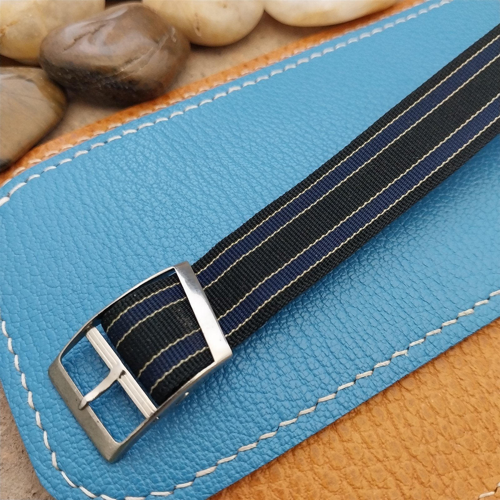Vintage 18mm Blue & Black Striped Nylon Classic Single Pass Unused Watch Band