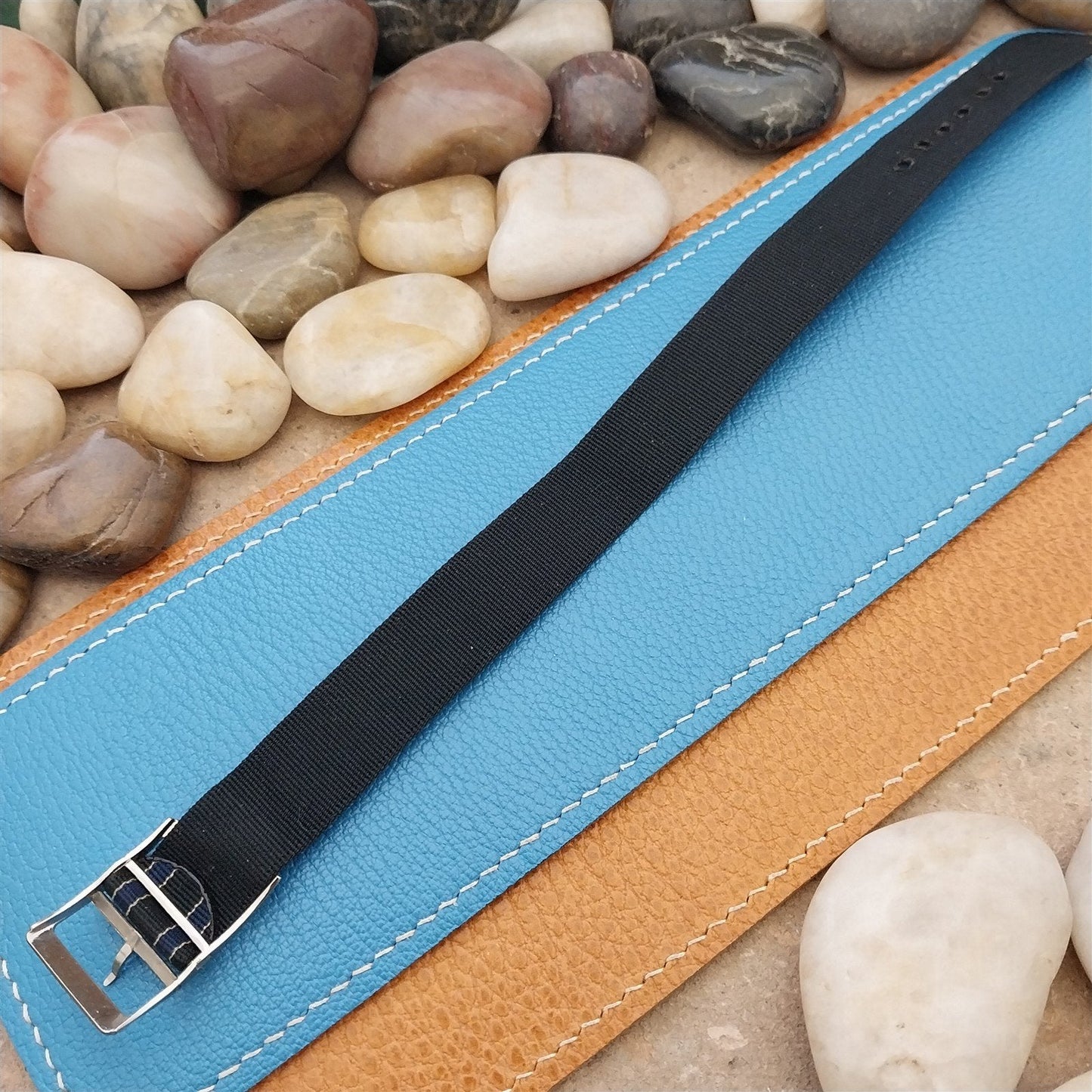 Vintage 18mm Blue & Black Striped Nylon Classic Single Pass Unused Watch Band