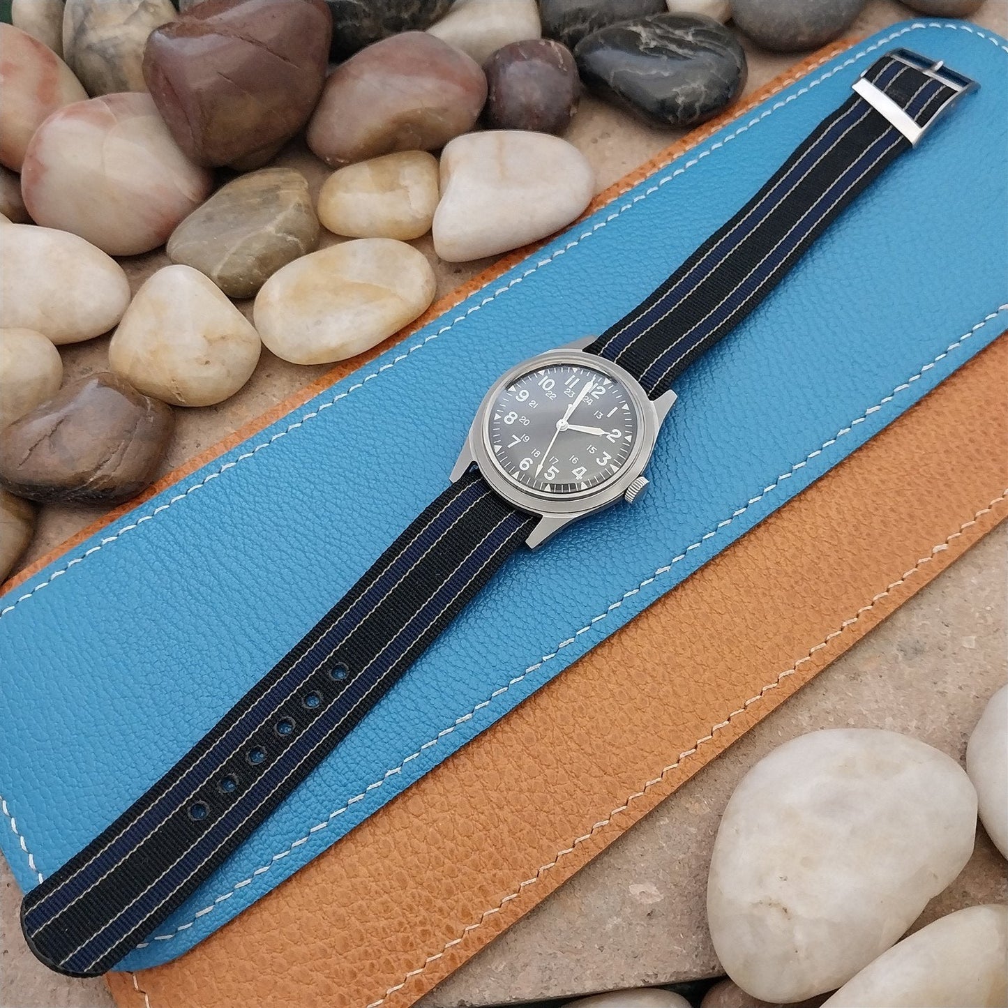 Vintage 18mm Blue & Black Striped Nylon Classic Single Pass Unused Watch Band