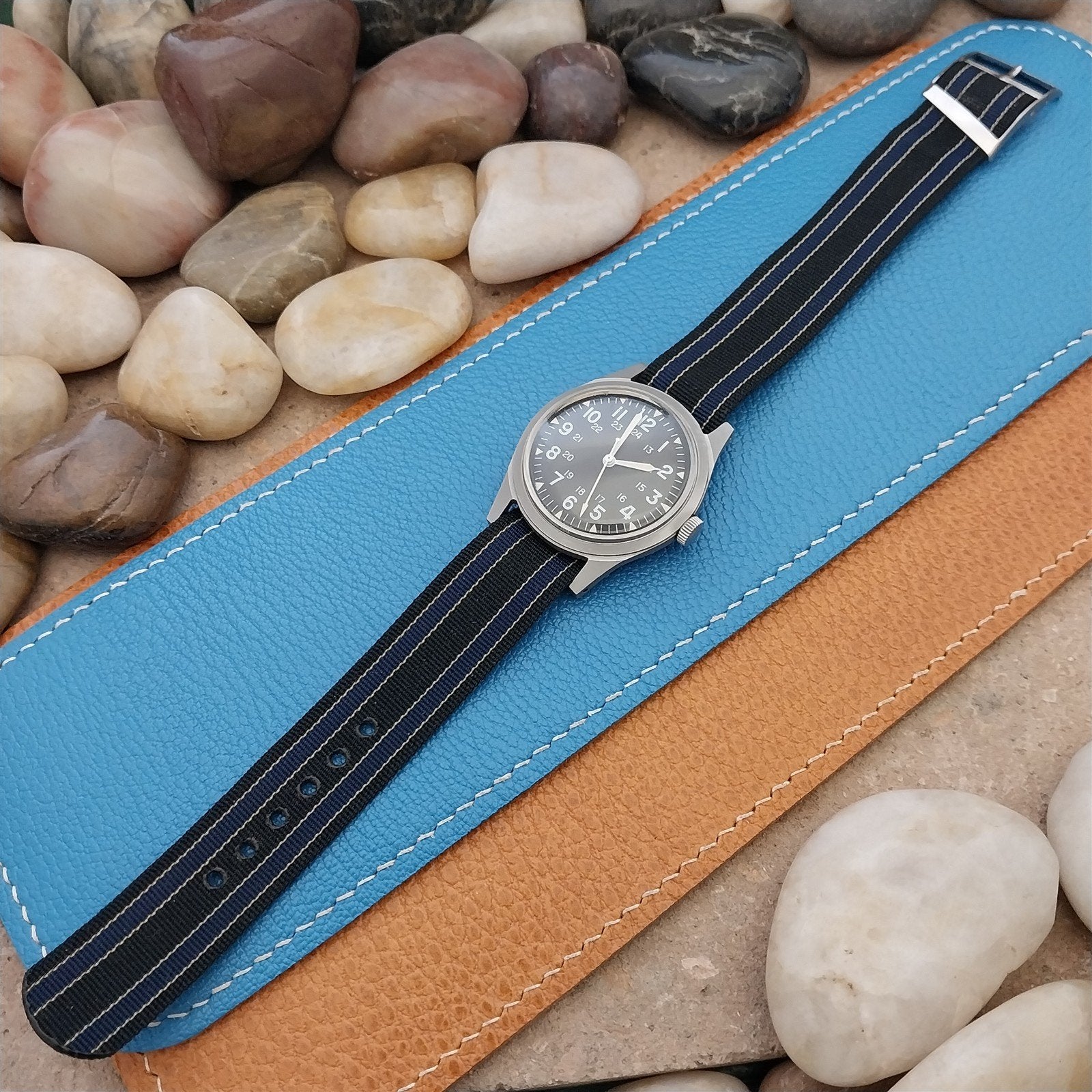 Vintage 18mm Blue & Black Striped Nylon Classic Single Pass Unused Watch Band