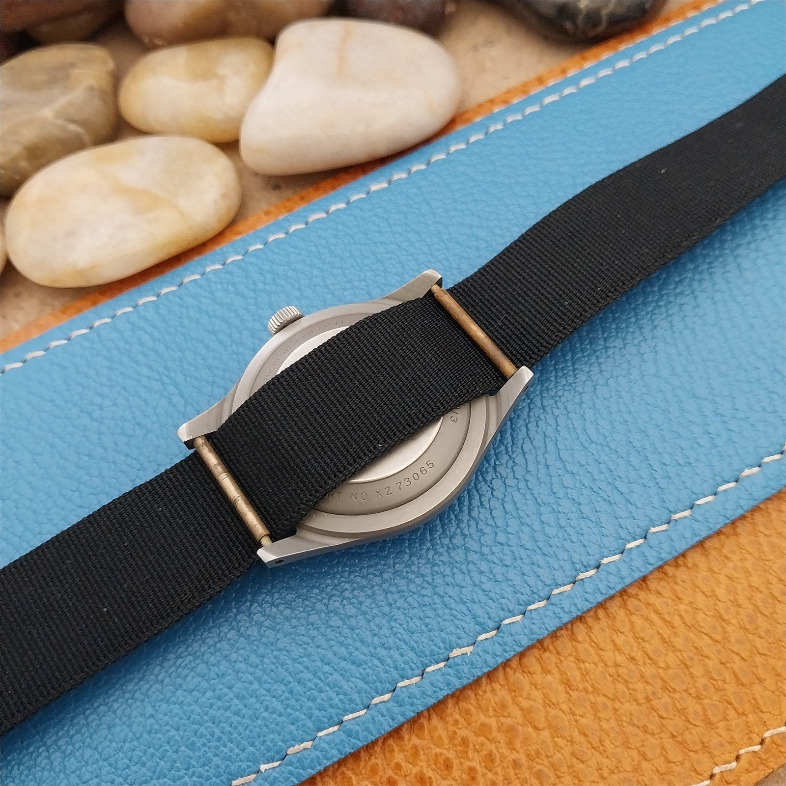 Vintage 18mm Blue & Black Striped Nylon Classic Single Pass Unused Watch Band