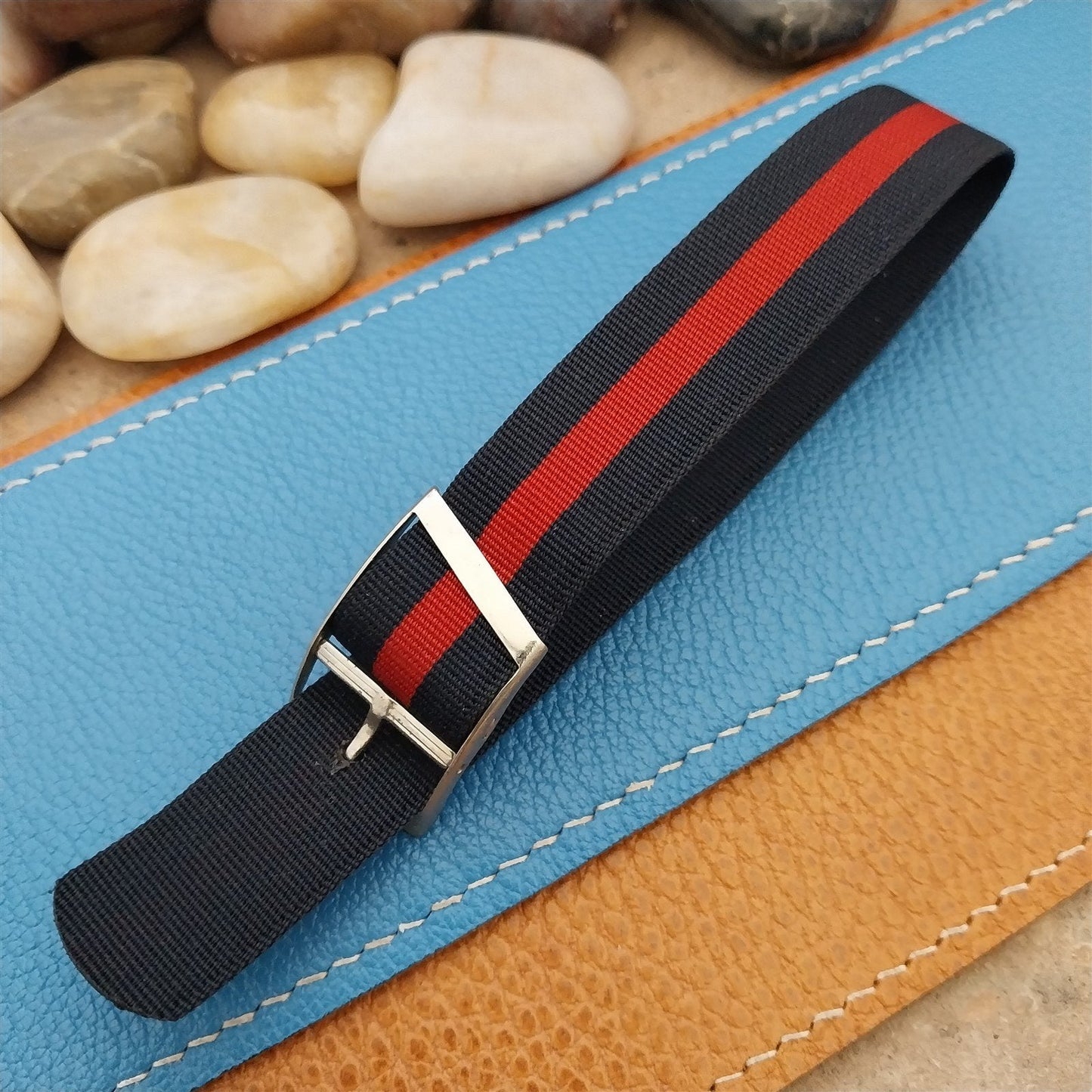 Vintage 18mm Blue & Red Striped Nylon Classic Single Pass Unused nos Watch Band