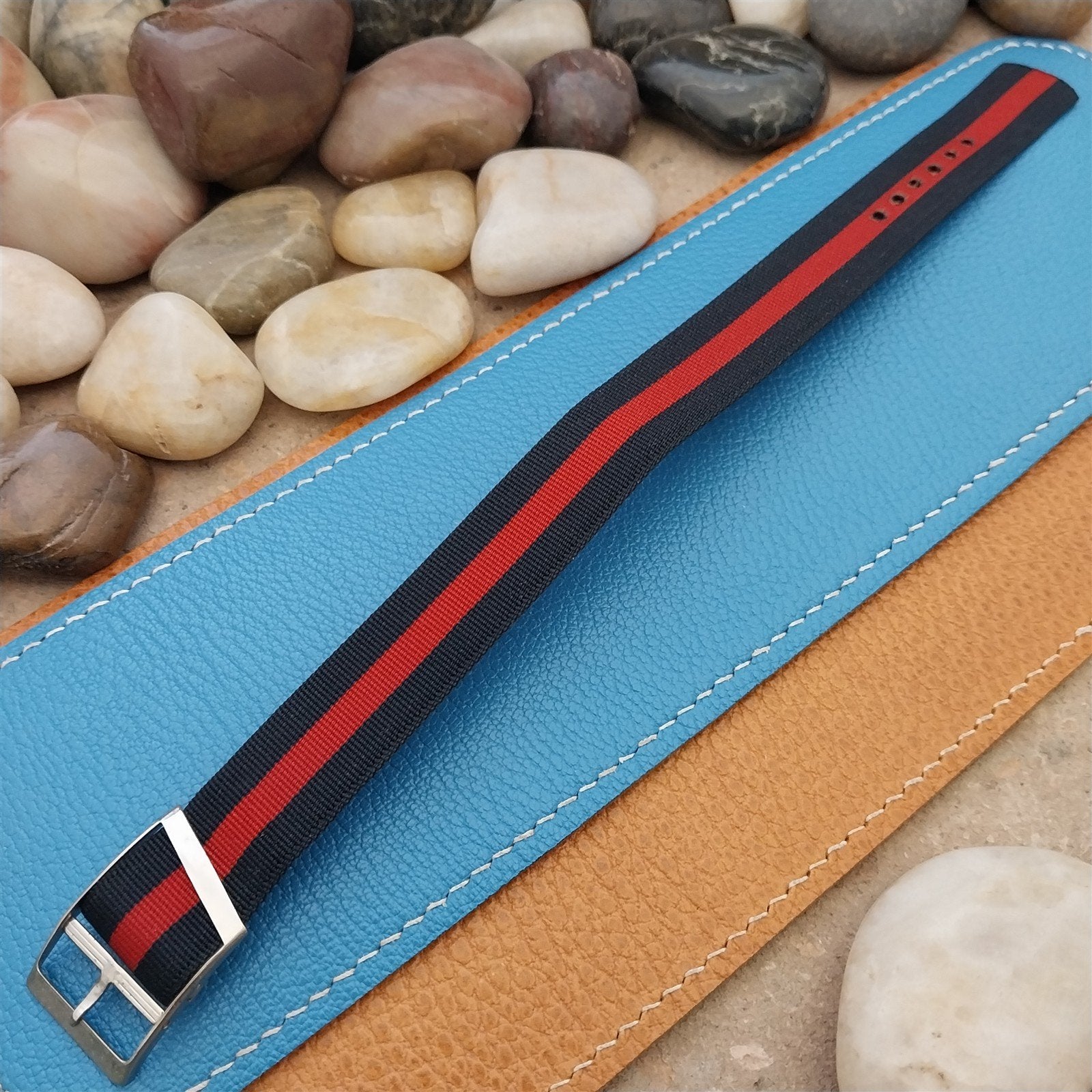 Vintage 18mm Blue & Red Striped Nylon Classic Single Pass Unused nos Watch Band