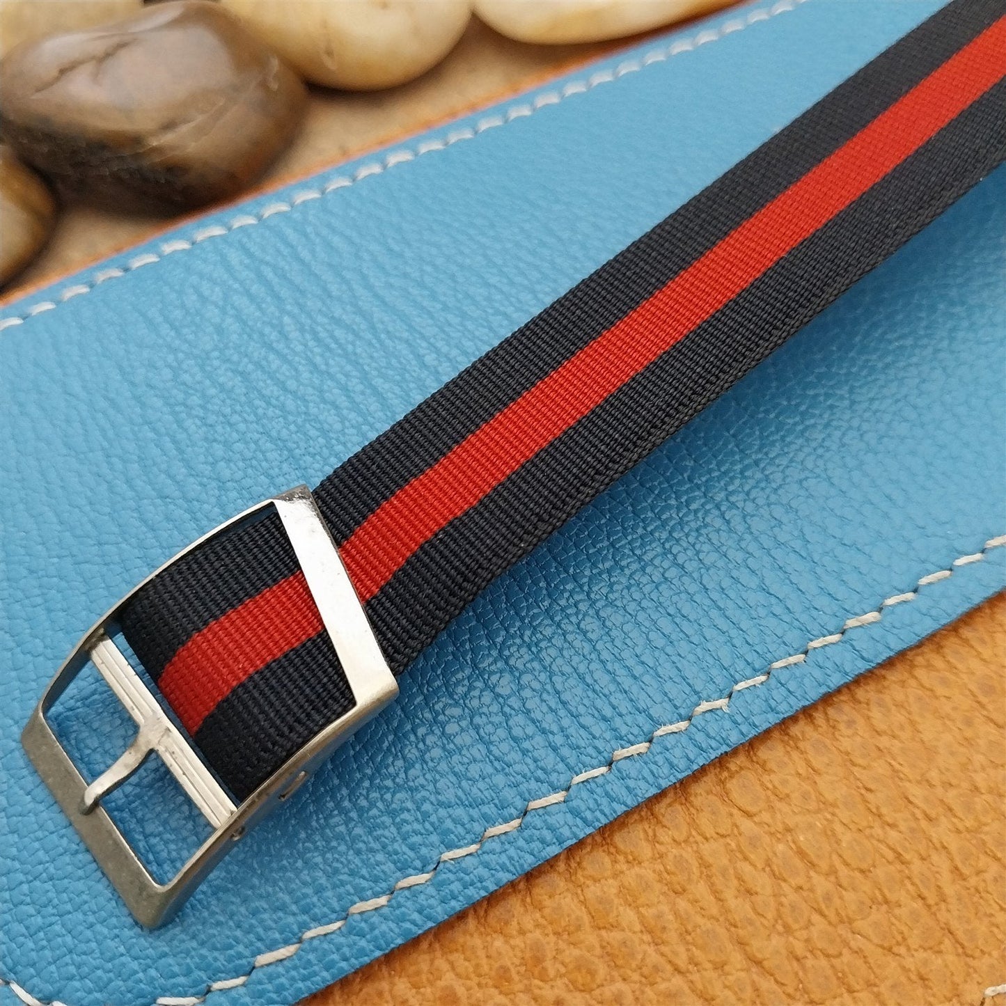 Vintage 18mm Blue & Red Striped Nylon Classic Single Pass Unused nos Watch Band