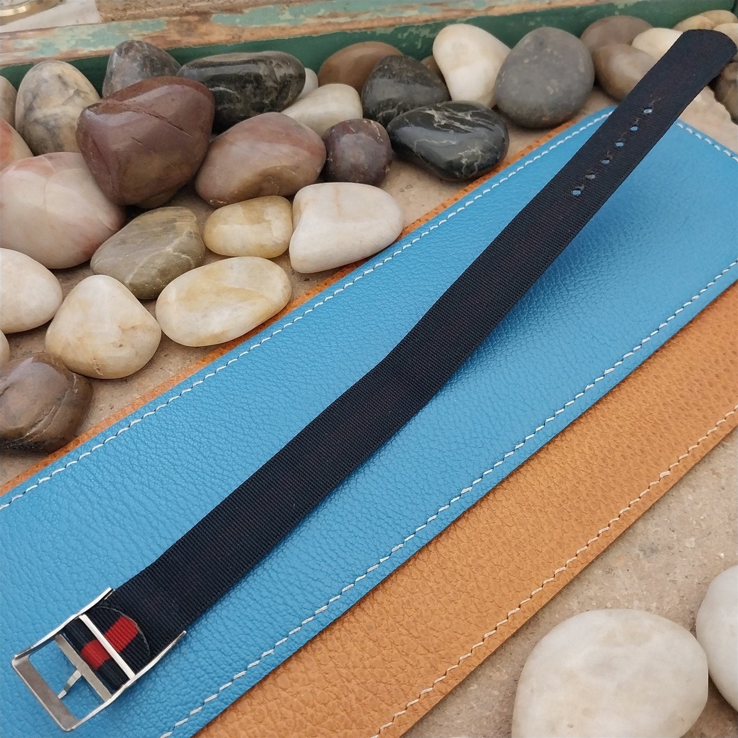 Vintage 18mm Blue & Red Striped Nylon Classic Single Pass Unused nos Watch Band