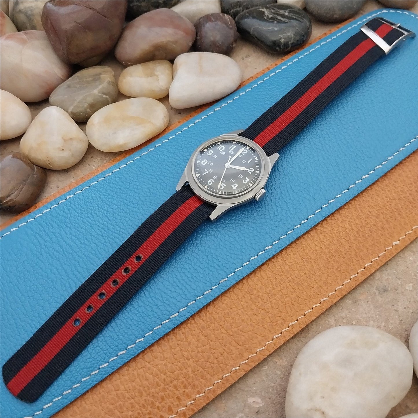 Vintage 18mm Blue & Red Striped Nylon Classic Single Pass Unused nos Watch Band