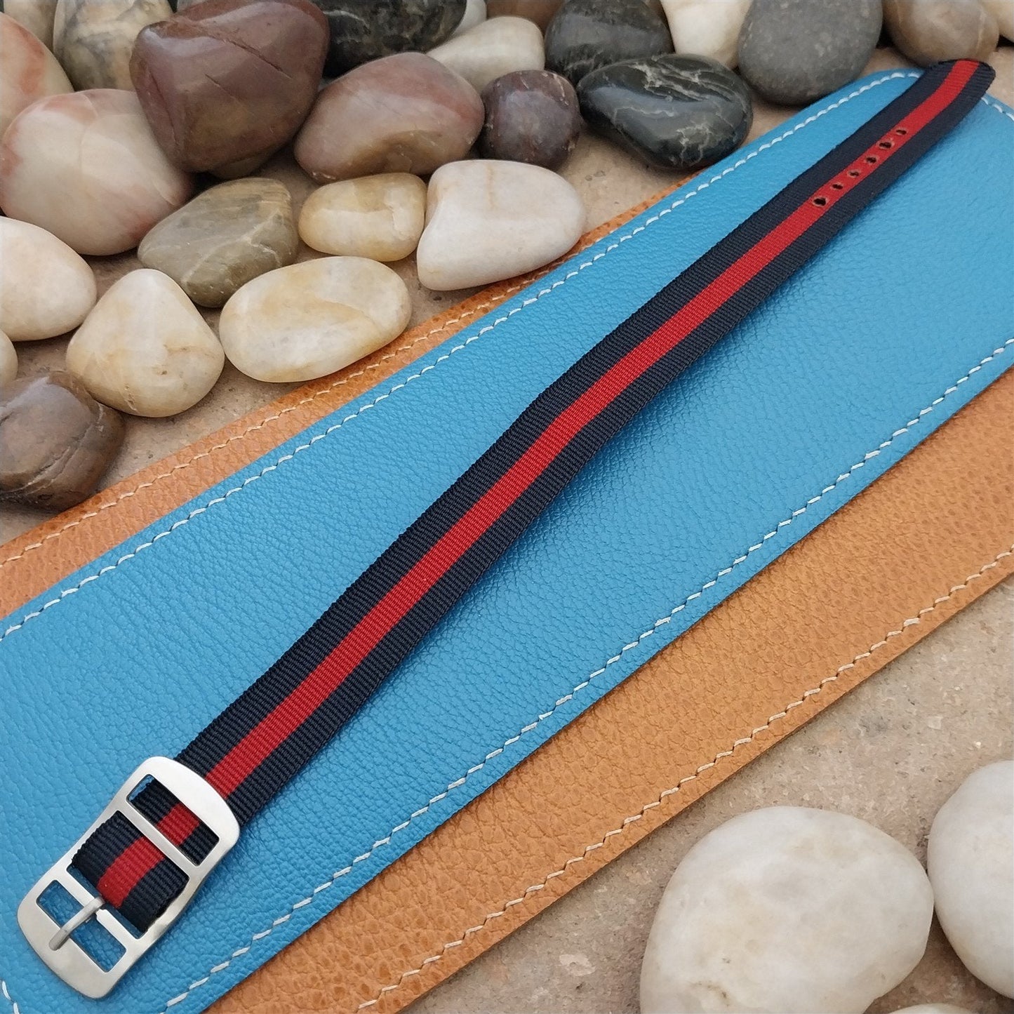 Vintage 16mm Blue & Red Striped Nylon Classic Single Pass Unused nos Watch Band