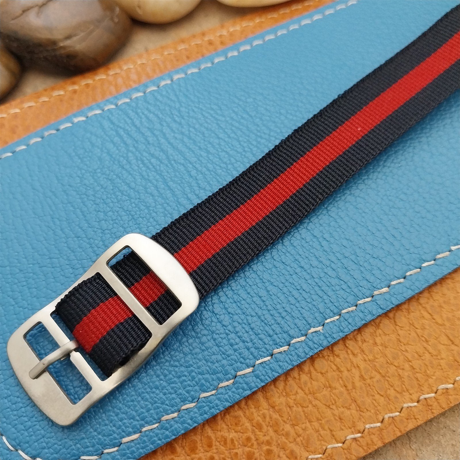 Vintage 16mm Blue & Red Striped Nylon Classic Single Pass Unused nos Watch Band