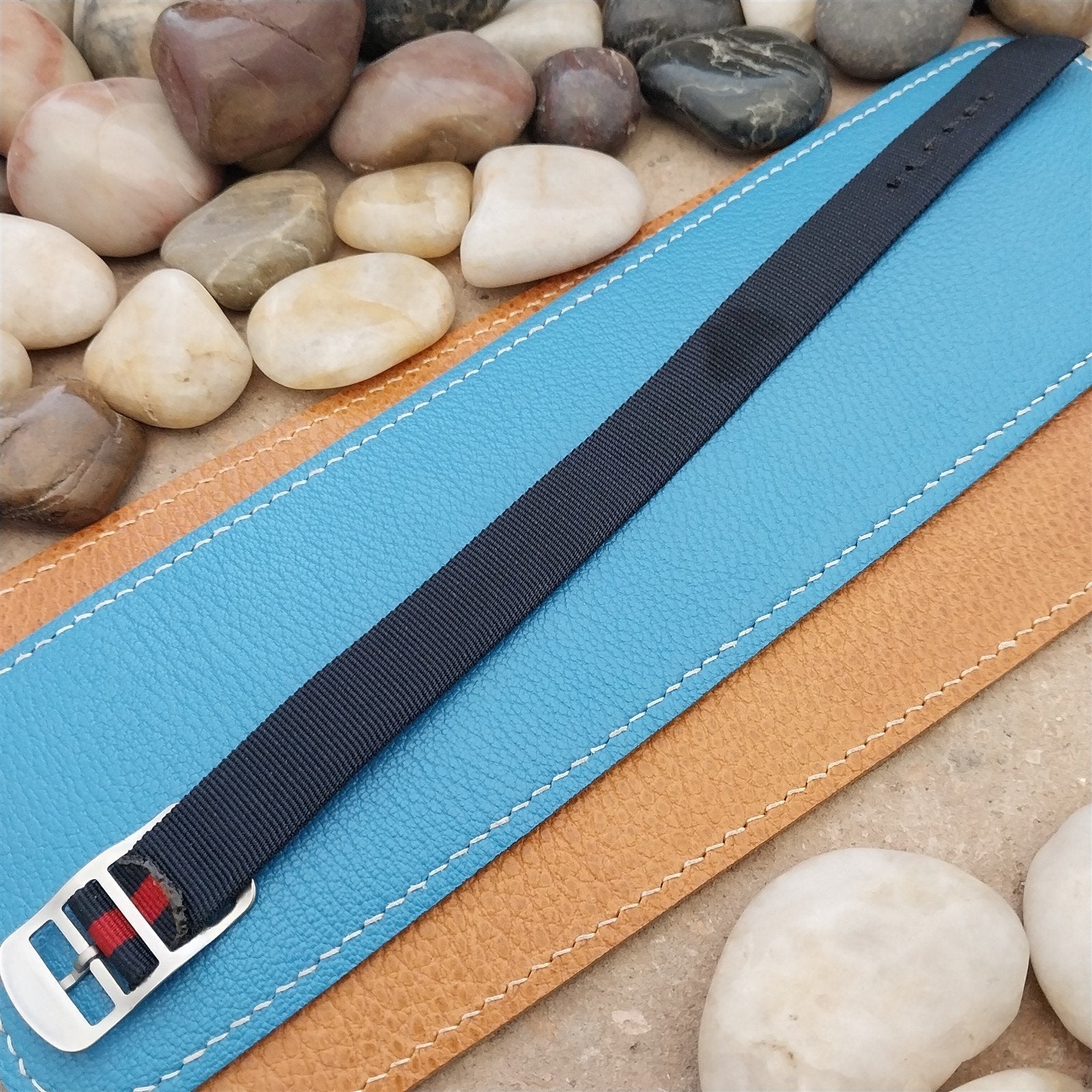 Vintage 16mm Blue & Red Striped Nylon Classic Single Pass Unused nos Watch Band