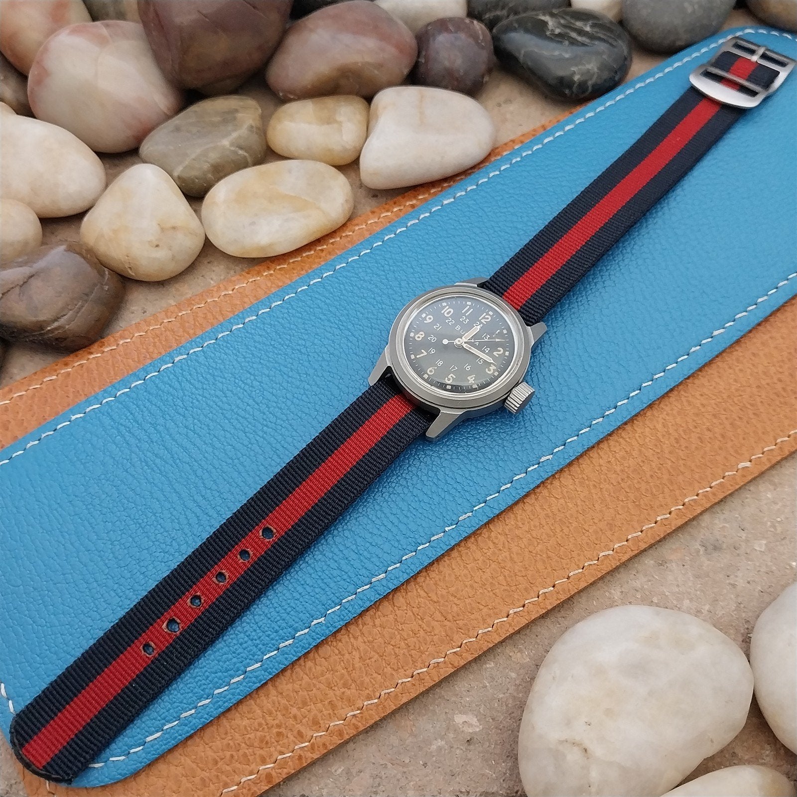 Vintage 16mm Blue & Red Striped Nylon Classic Single Pass Unused nos Watch Band