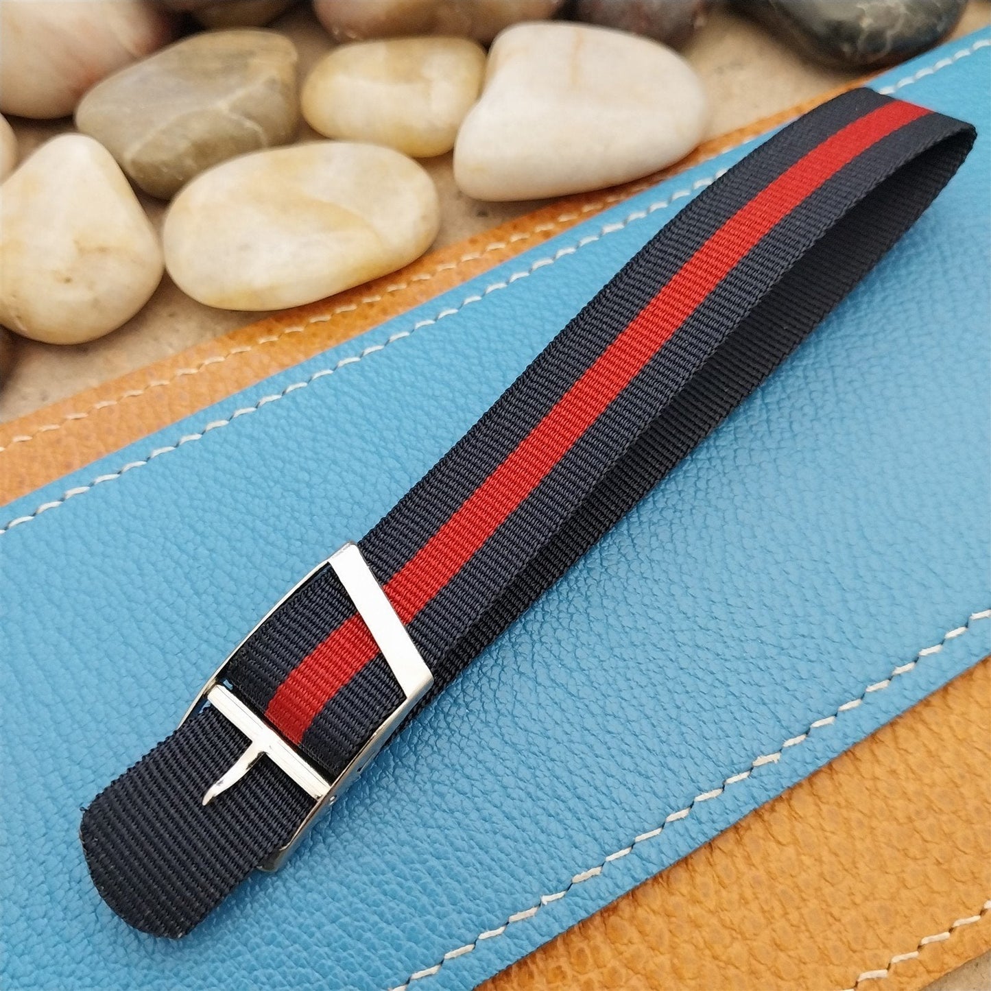 Vintage 16mm Blue & Red Striped Nylon Classic Single Pass Unused nos Watch Band