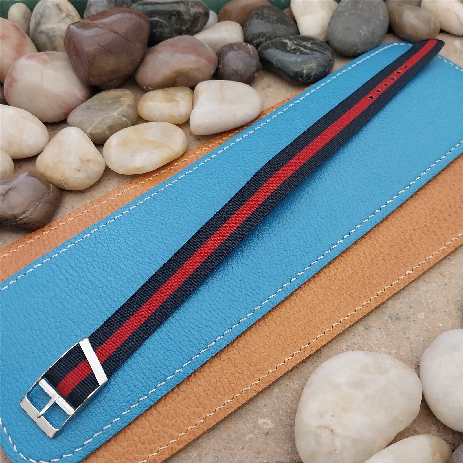 Vintage 16mm Blue & Red Striped Nylon Classic Single Pass Unused nos Watch Band