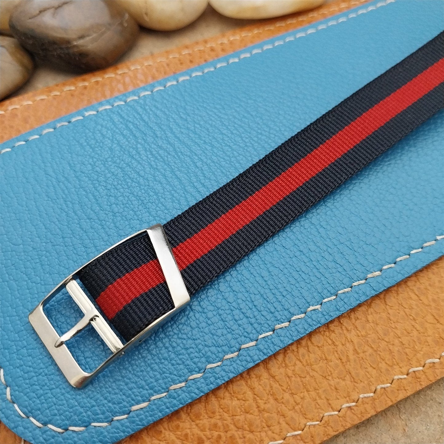 Vintage 16mm Blue & Red Striped Nylon Classic Single Pass Unused nos Watch Band