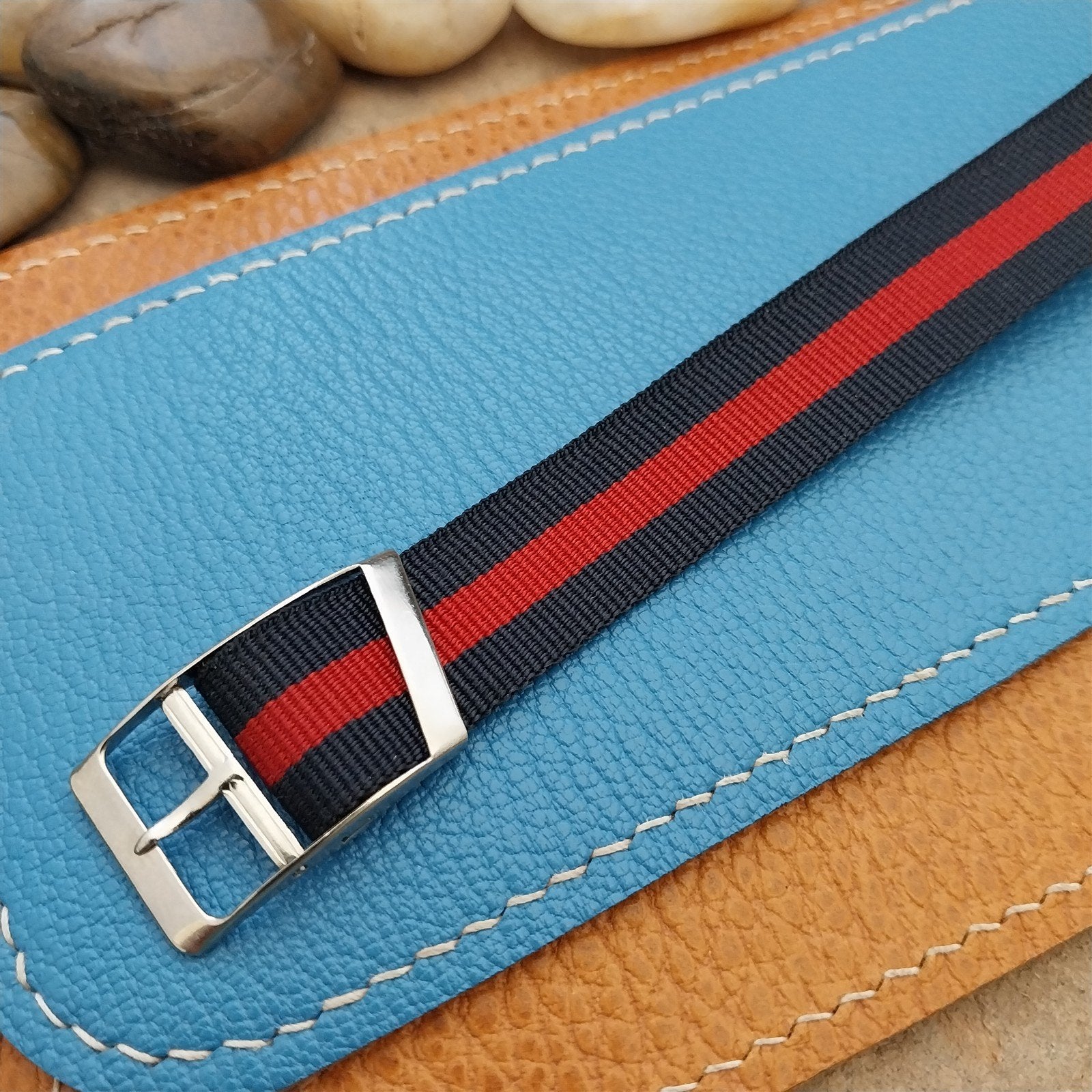 Vintage 16mm Blue & Red Striped Nylon Classic Single Pass Unused nos Watch Band