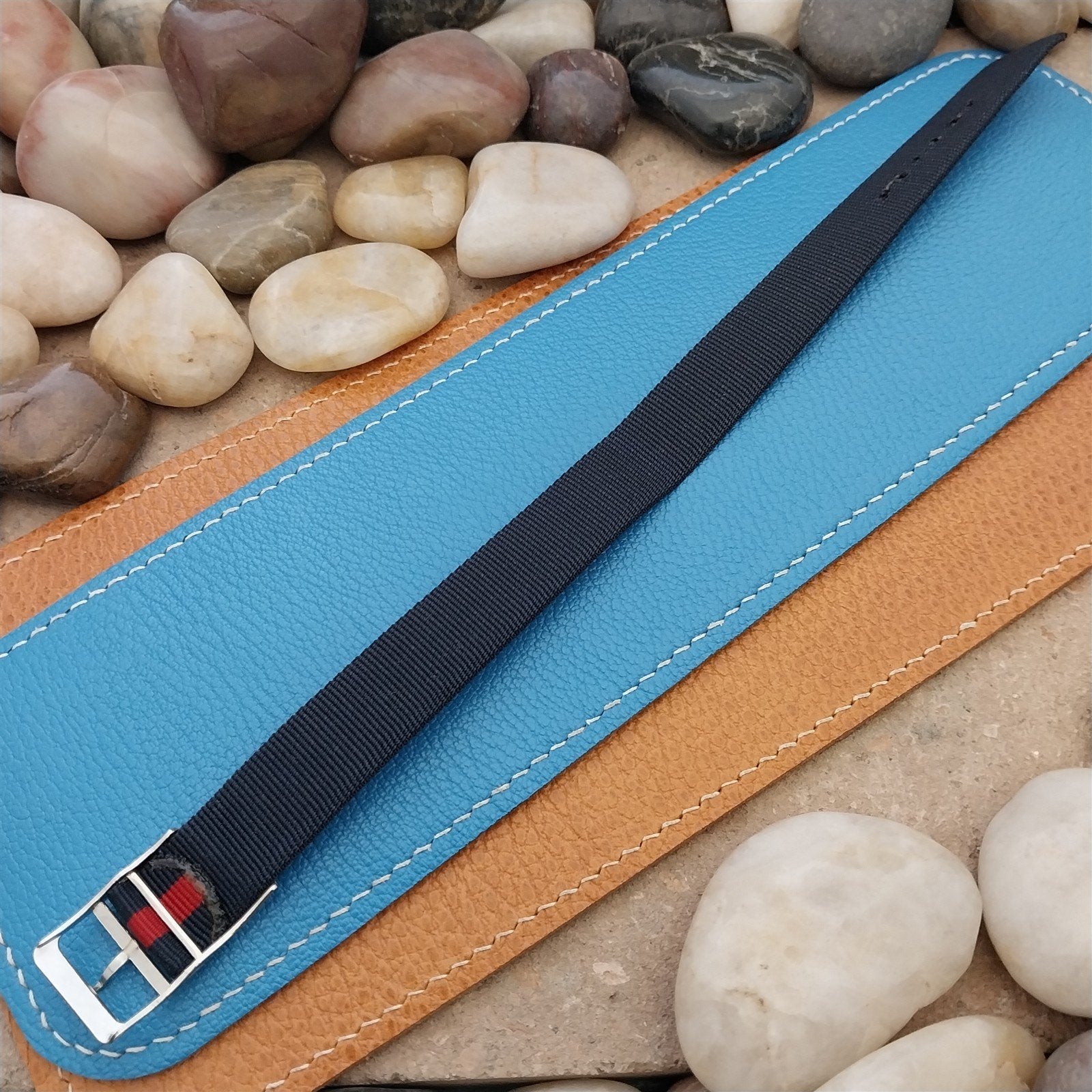 Vintage 16mm Blue & Red Striped Nylon Classic Single Pass Unused nos Watch Band