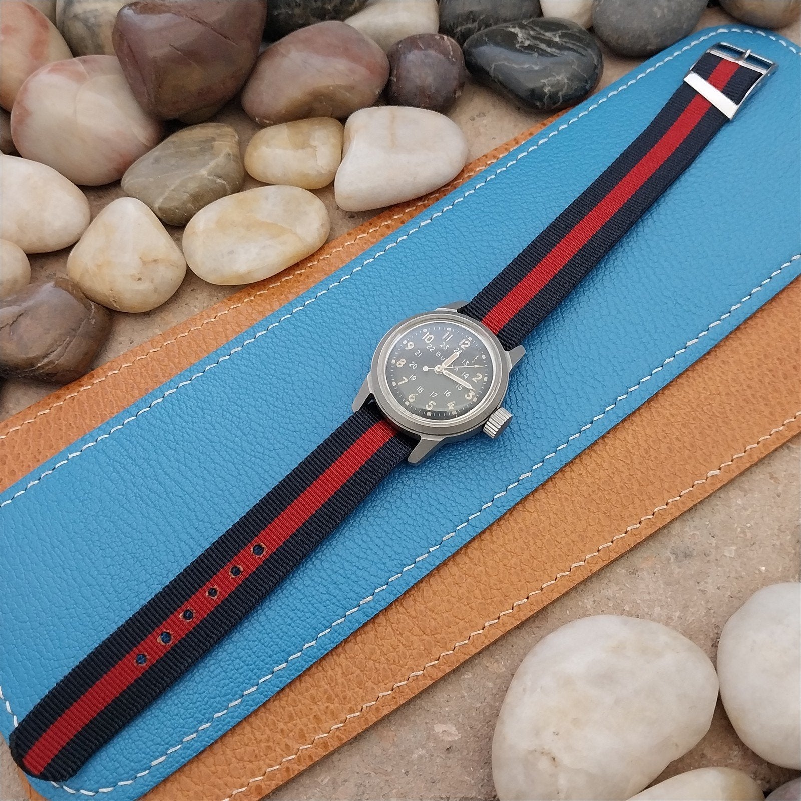 Vintage 16mm Blue & Red Striped Nylon Classic Single Pass Unused nos Watch Band