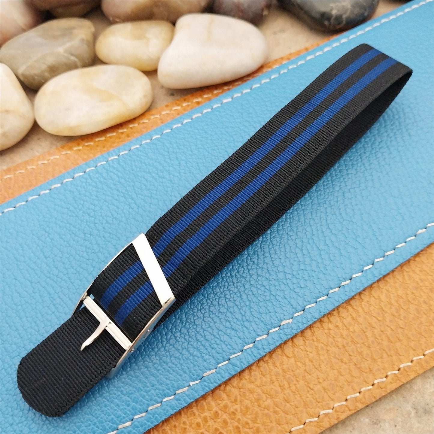 Vintage 16mm Blue & Black Stripe Nylon Classic Single Pass Unused nos Watch Band
