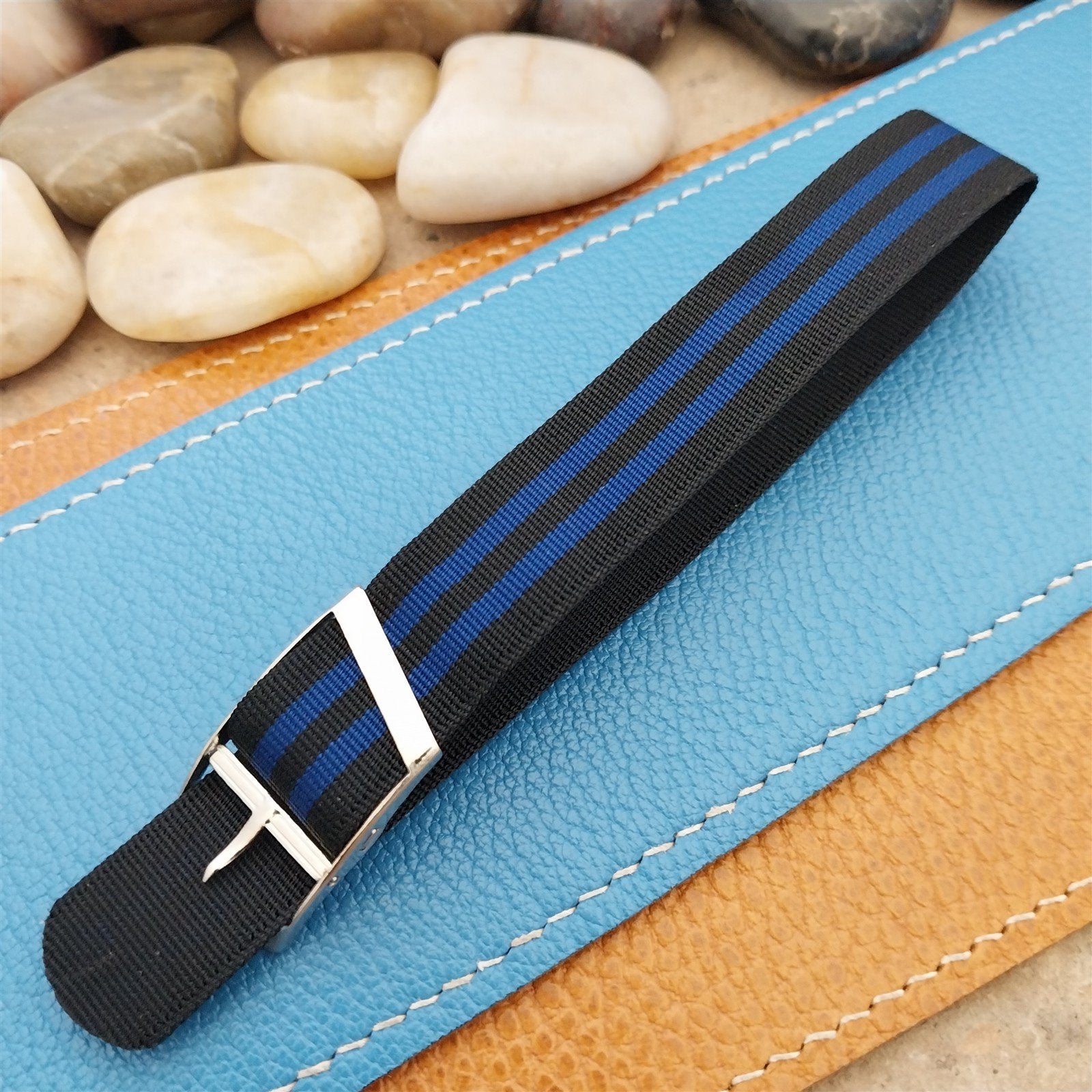 Vintage 16mm Blue & Black Stripe Nylon Classic Single Pass Unused nos Watch Band