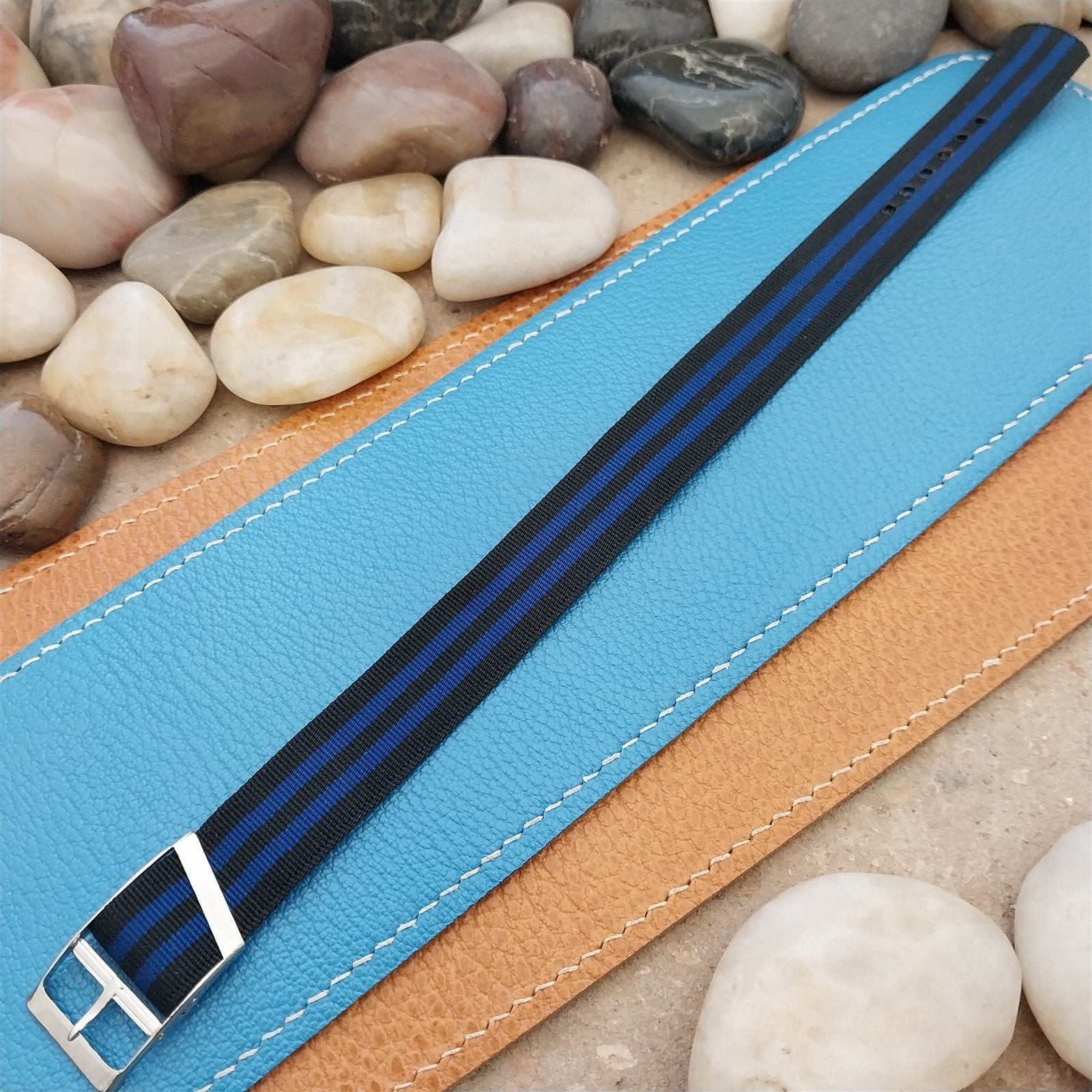 Vintage 16mm Blue & Black Stripe Nylon Classic Single Pass Unused nos Watch Band