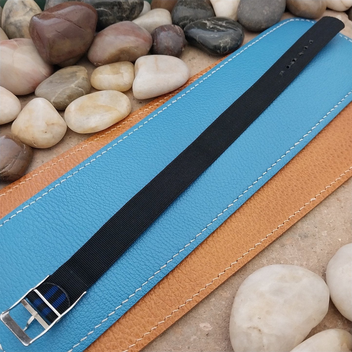 Vintage 16mm Blue & Black Stripe Nylon Classic Single Pass Unused nos Watch Band