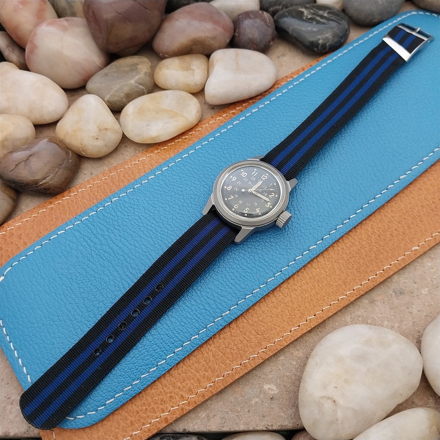 Vintage 16mm Blue & Black Stripe Nylon Classic Single Pass Unused nos Watch Band