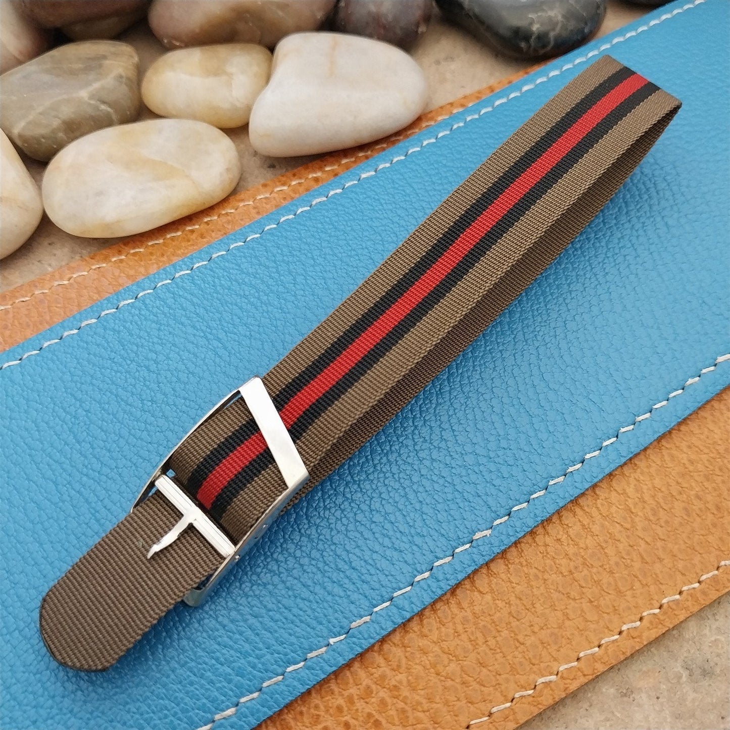 Vintage 16mm Black Red Brown Stripe Nylon Classic Single Pass Unused Watch Band