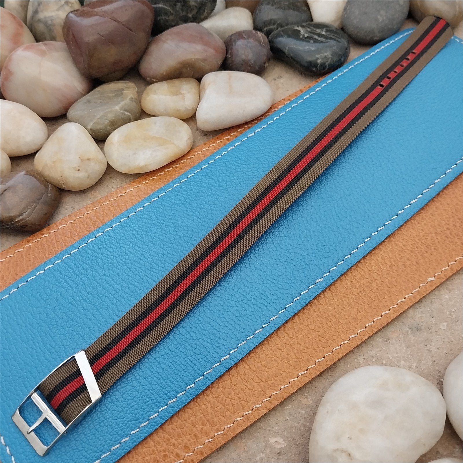 Vintage 16mm Black Red Brown Stripe Nylon Classic Single Pass Unused Watch Band