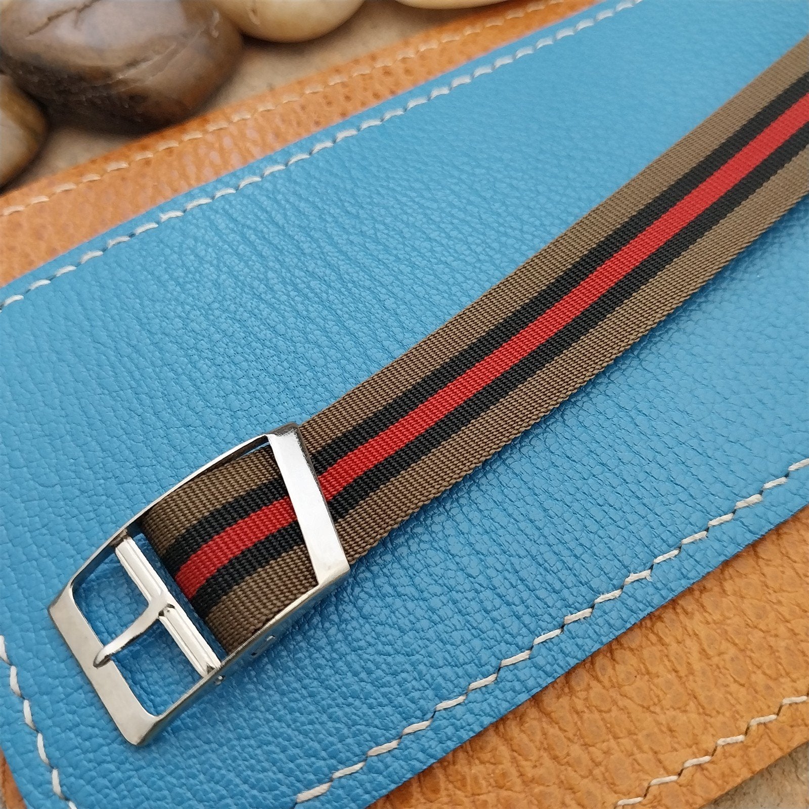 Vintage 16mm Black Red Brown Stripe Nylon Classic Single Pass Unused Watch Band