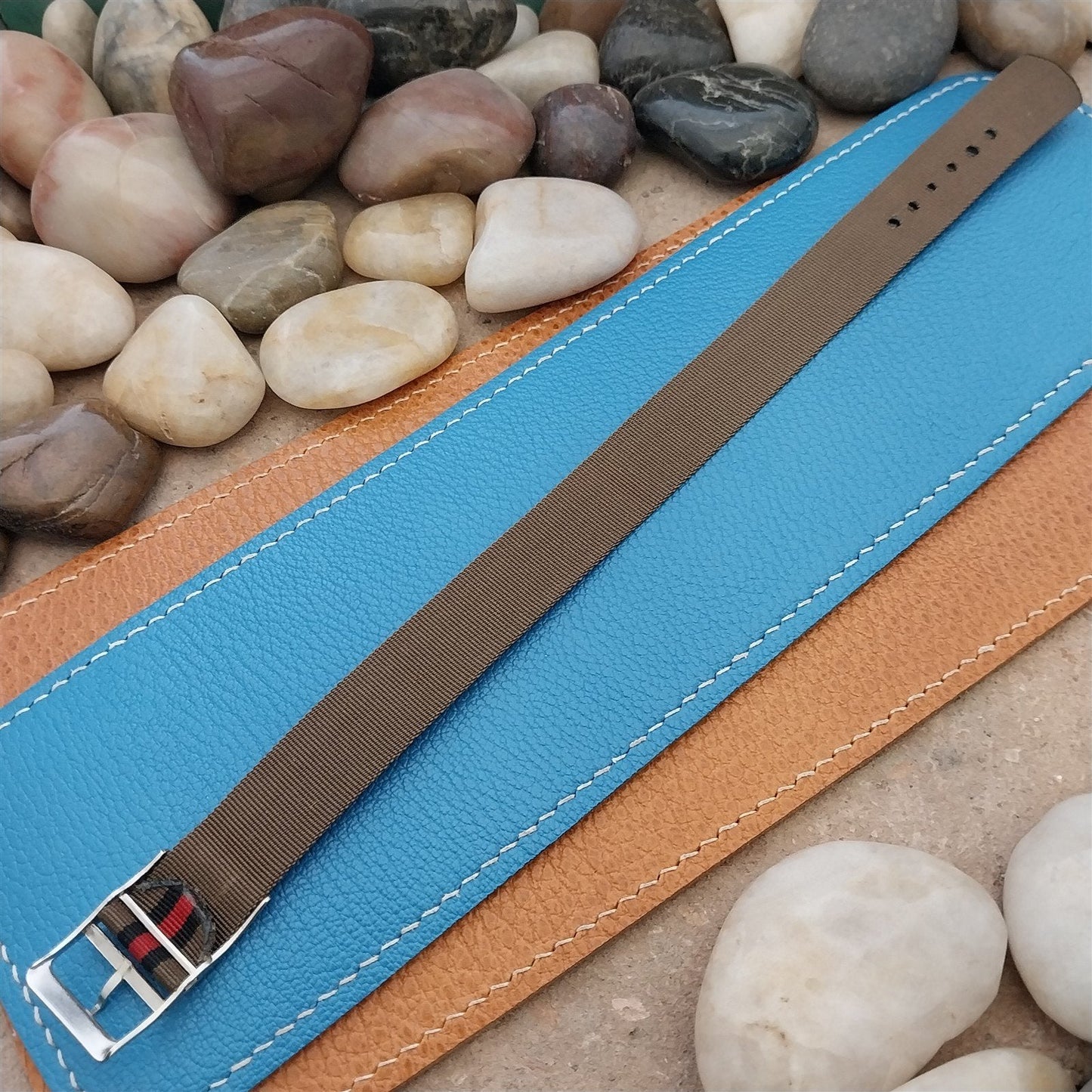 Vintage 16mm Black Red Brown Stripe Nylon Classic Single Pass Unused Watch Band