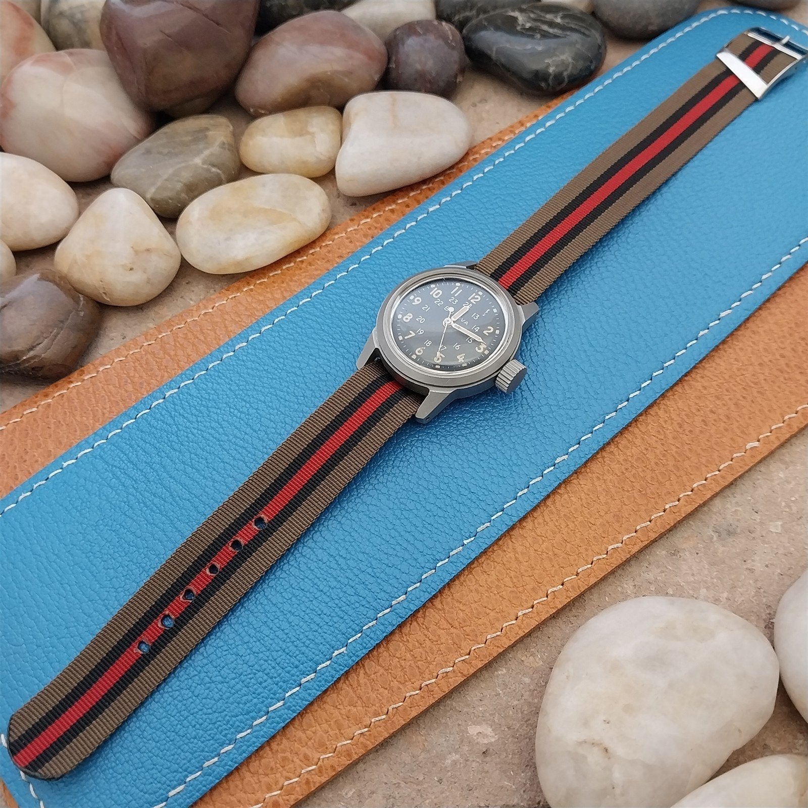 Vintage 16mm Black Red Brown Stripe Nylon Classic Single Pass Unused Watch Band