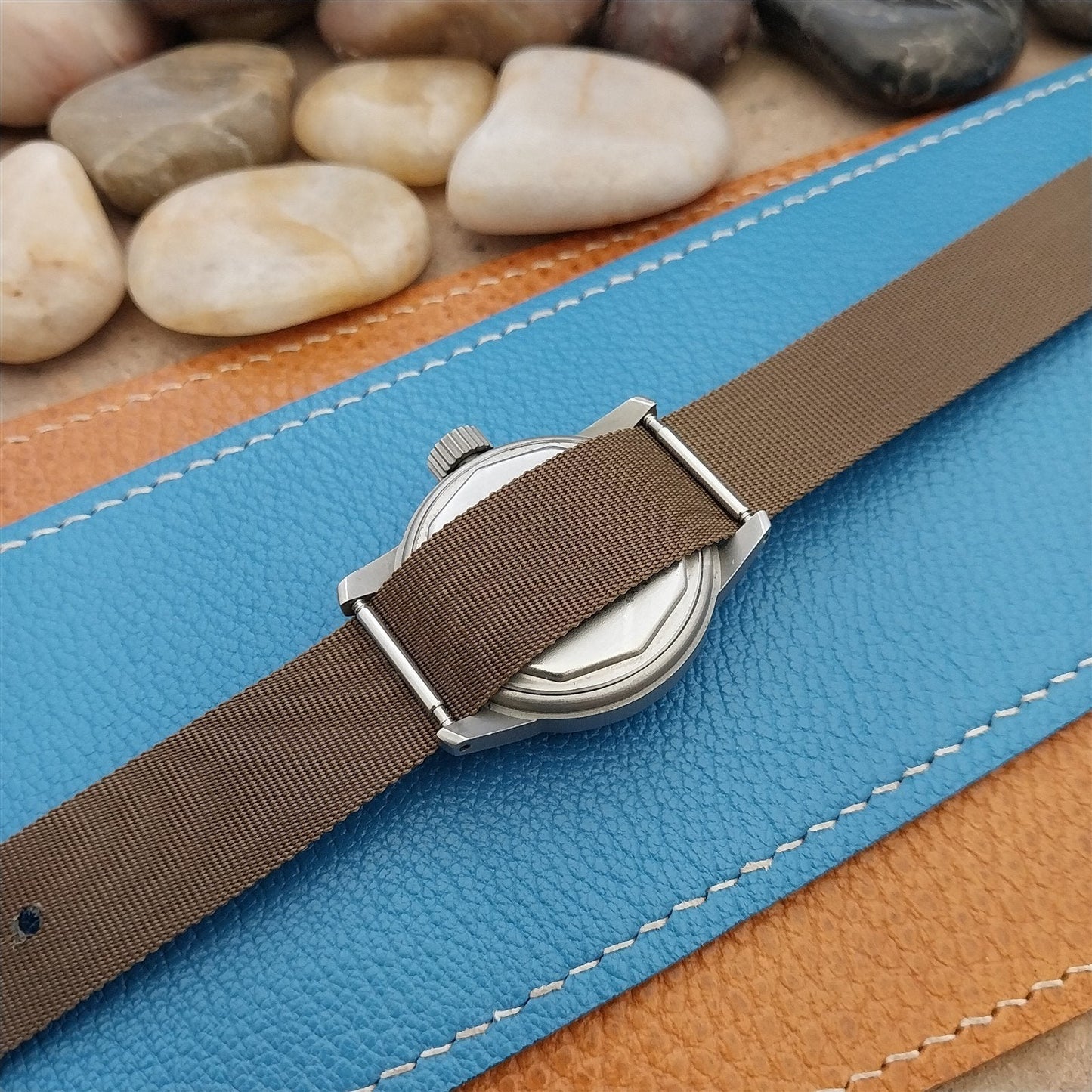 Vintage 16mm Black Red Brown Stripe Nylon Classic Single Pass Unused Watch Band