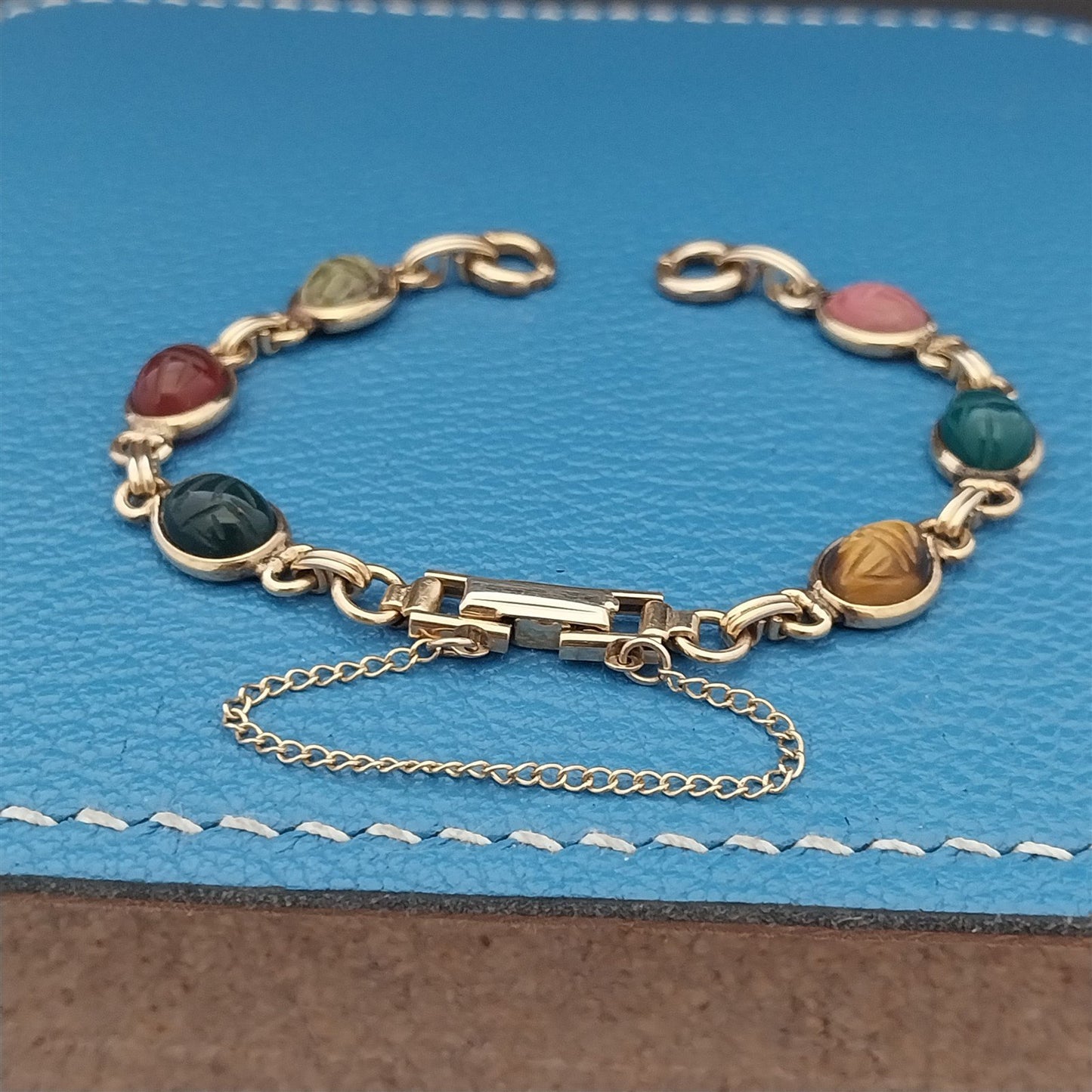 Vintage Kreisler Carved Stone Scarab & Gold-Filled Womens 1960s Watch Band nos