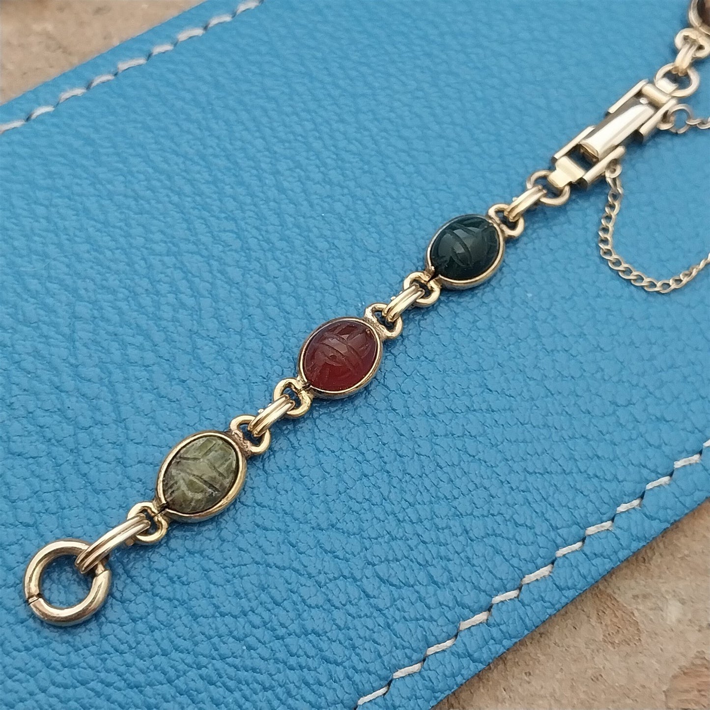 Vintage Kreisler Carved Stone Scarab & Gold-Filled Womens 1960s Watch Band nos