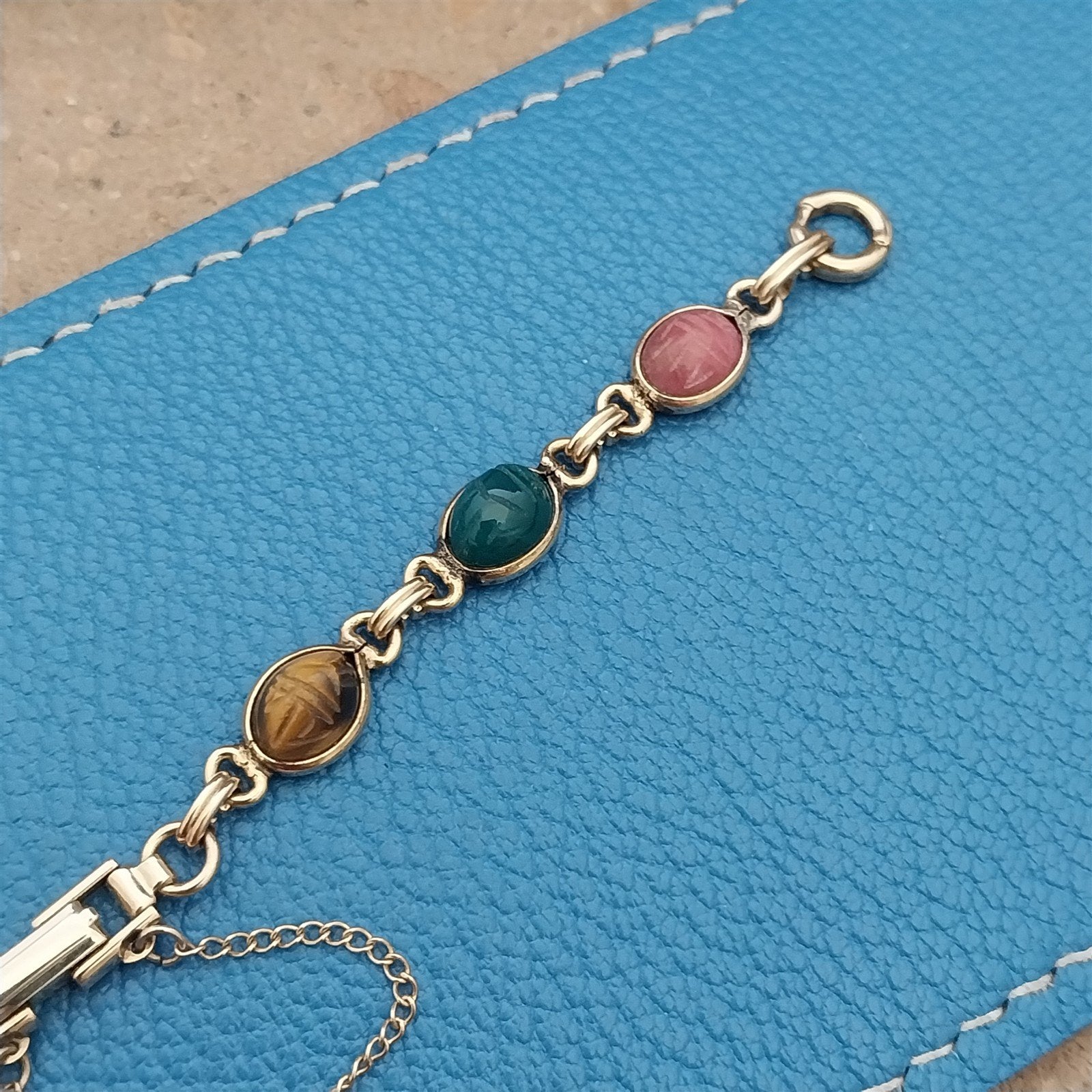 Vintage Kreisler Carved Stone Scarab & Gold-Filled Womens 1960s Watch Band nos