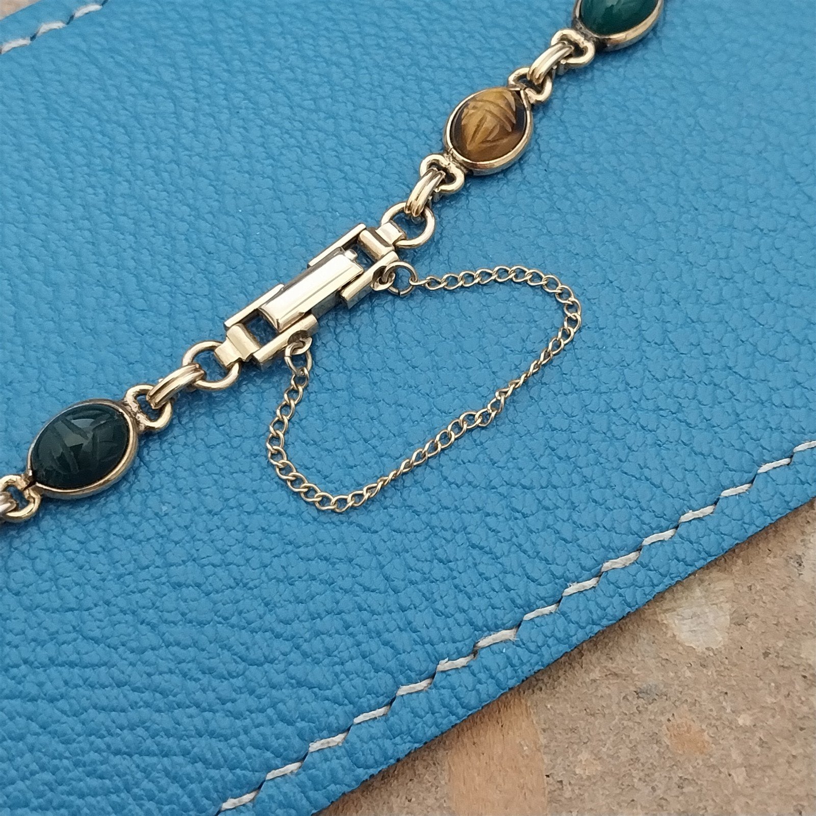 Vintage Kreisler Carved Stone Scarab & Gold-Filled Womens 1960s Watch Band nos