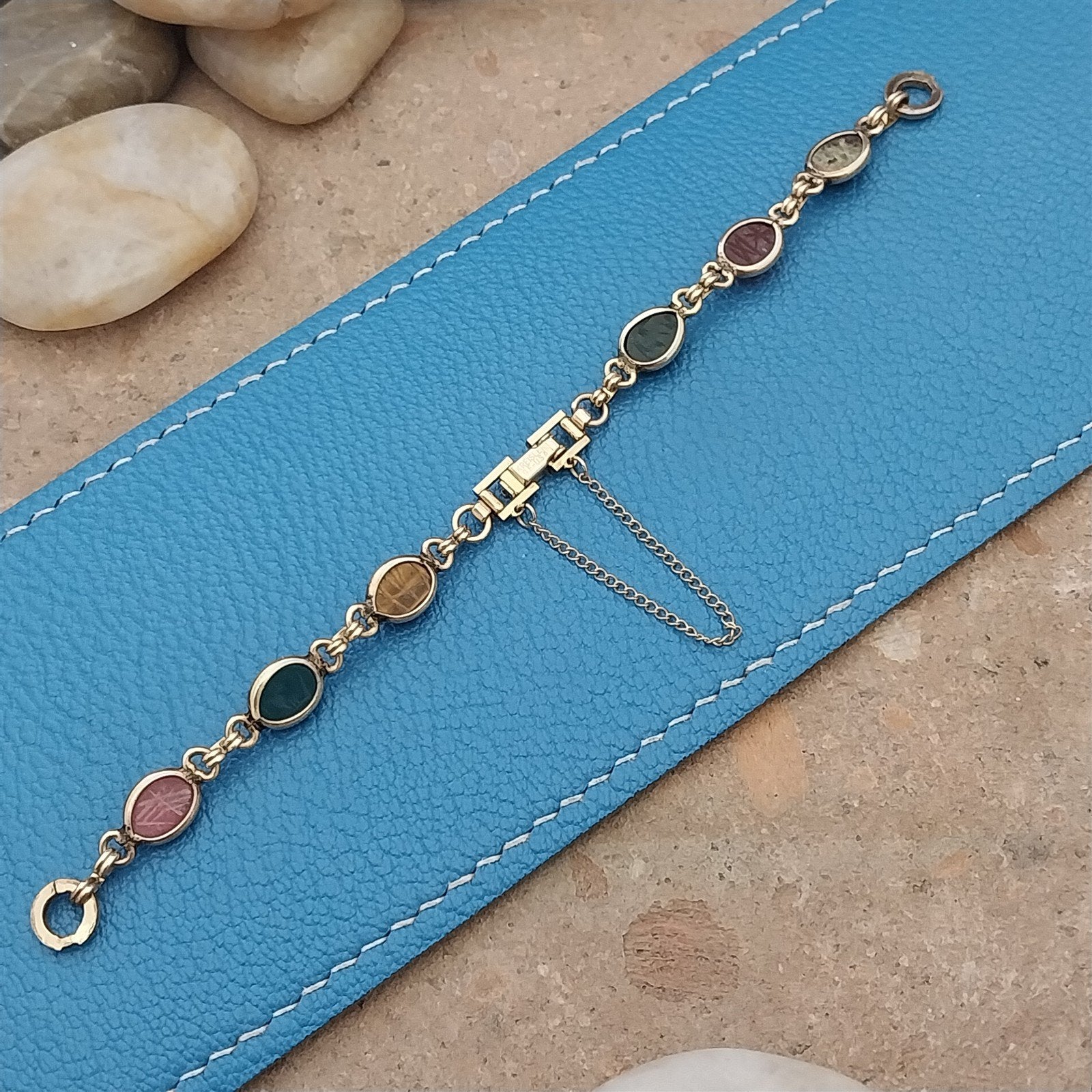 Vintage Kreisler Carved Stone Scarab & Gold-Filled Womens 1960s Watch Band nos