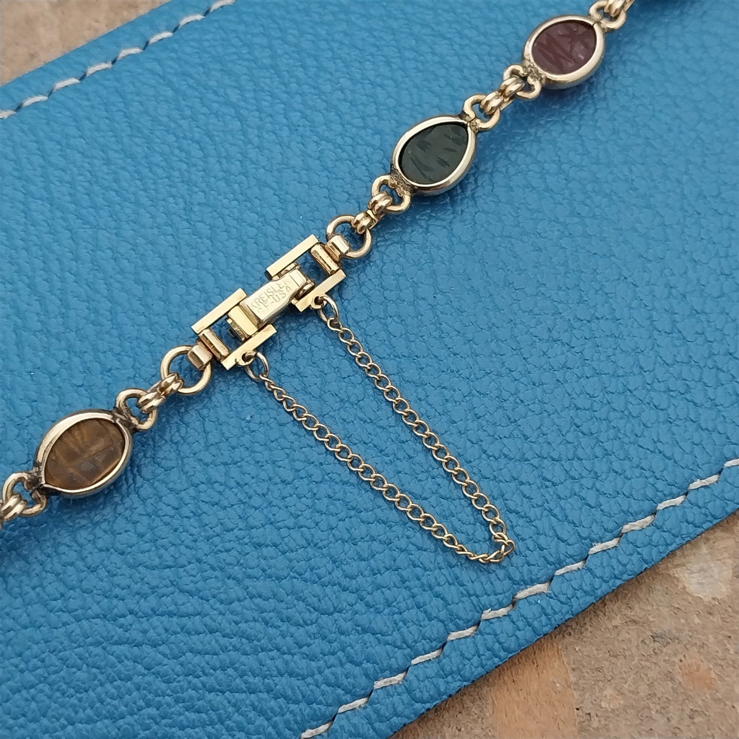 Vintage Kreisler Carved Stone Scarab & Gold-Filled Womens 1960s Watch Band nos