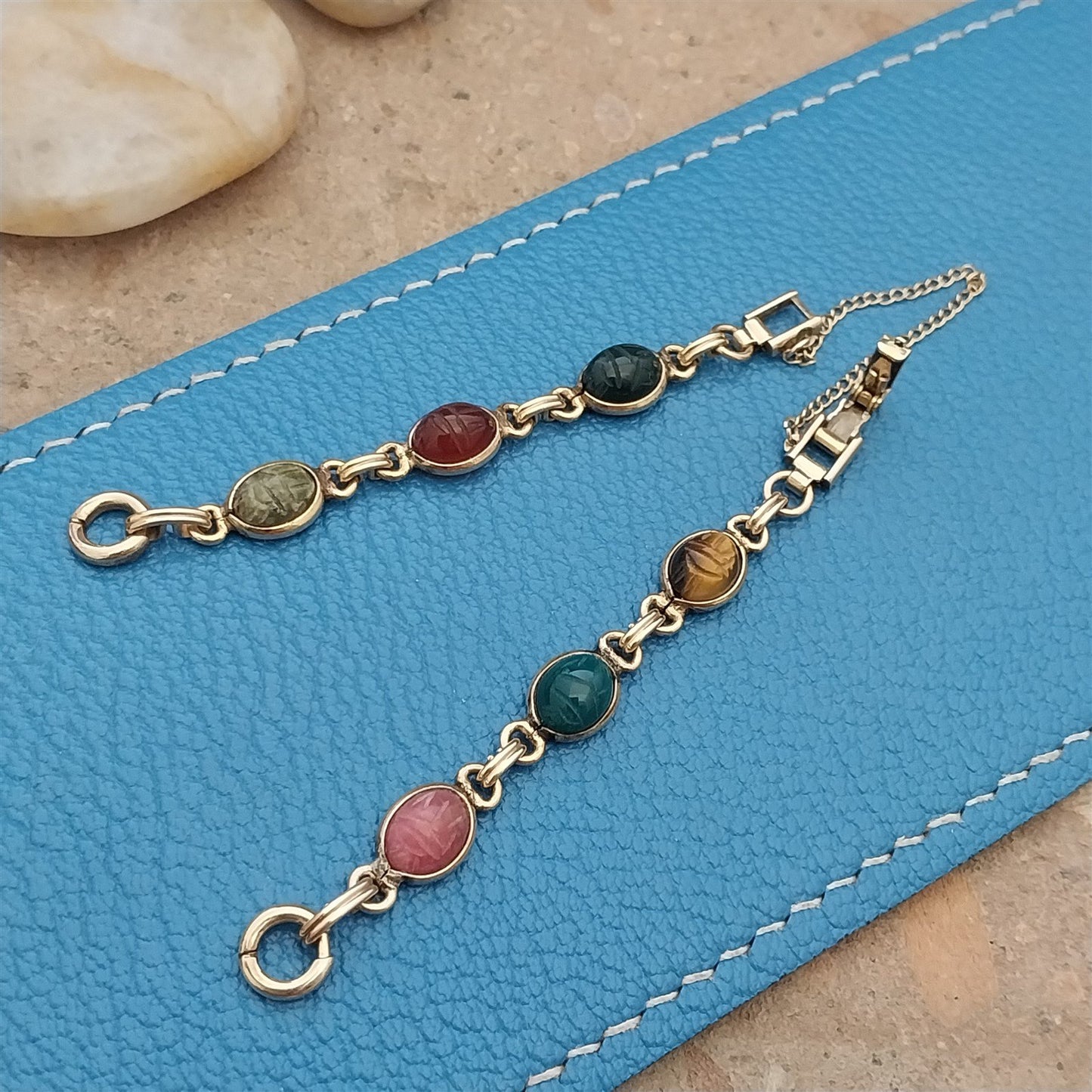 Vintage Kreisler Carved Stone Scarab & Gold-Filled Womens 1960s Watch Band nos