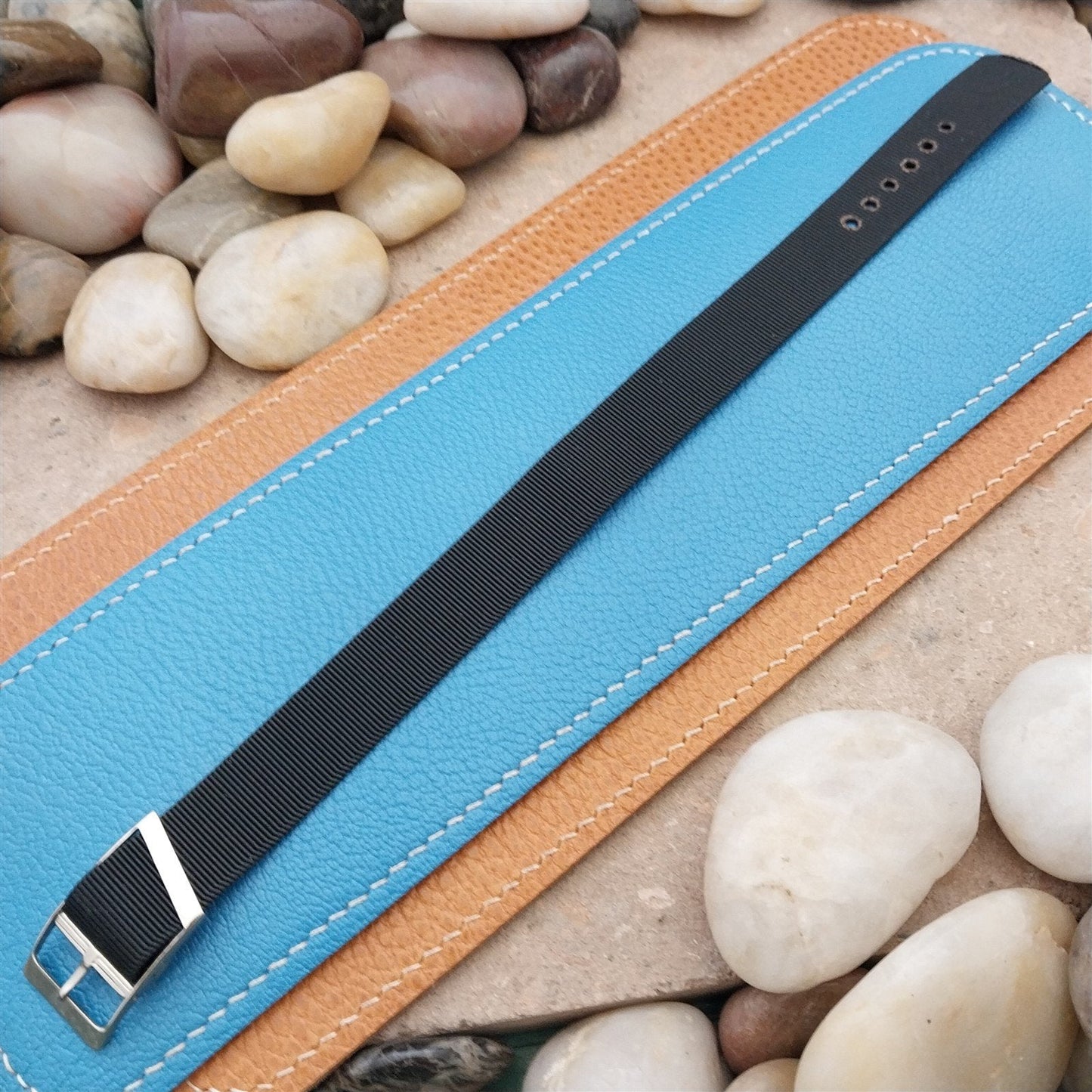 Vintage 16mm Black Stiff Nylon Classic Single Pass Unused NOS 1970s Watch Band