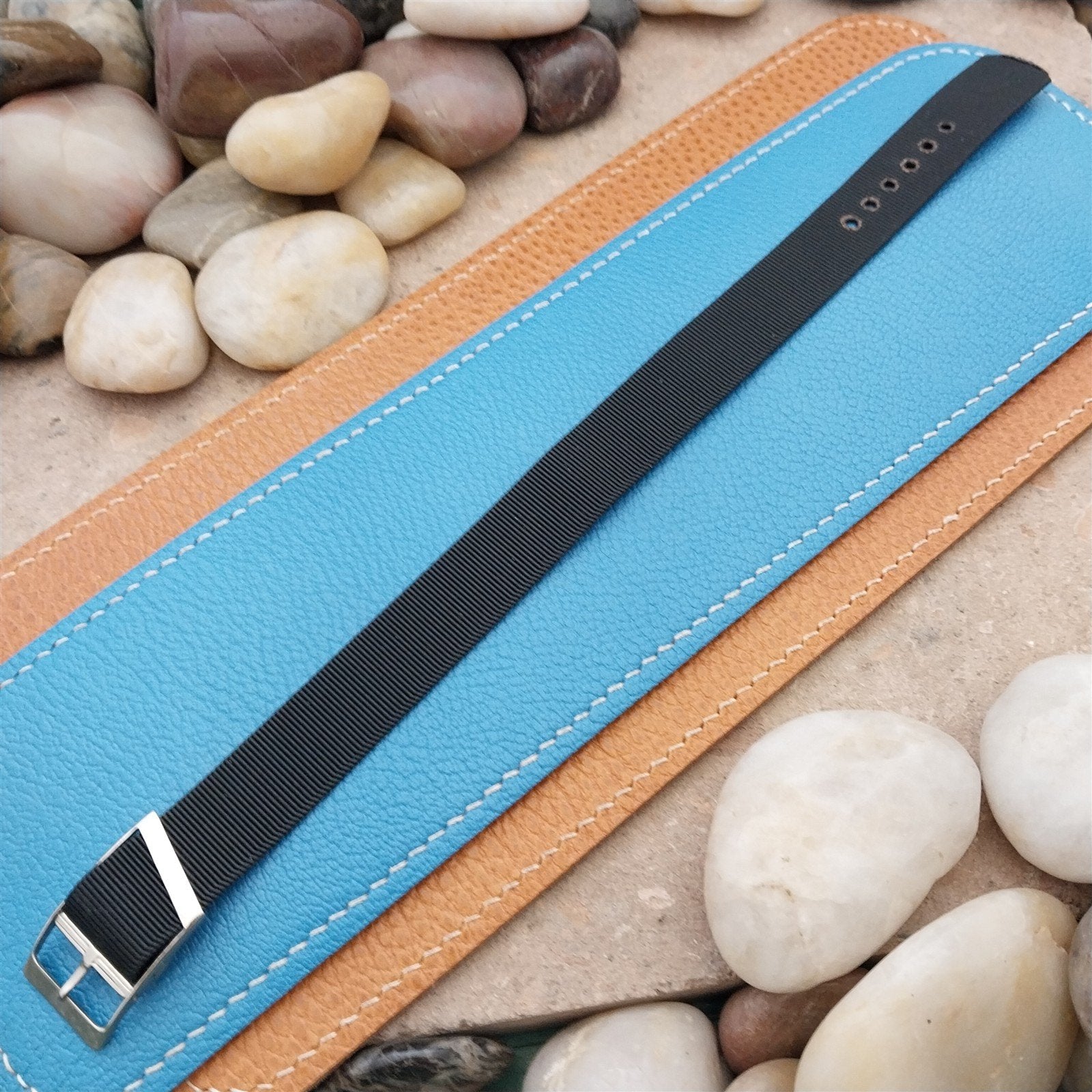 Vintage 16mm Black Stiff Nylon Classic Single Pass Unused NOS 1970s Watch Band