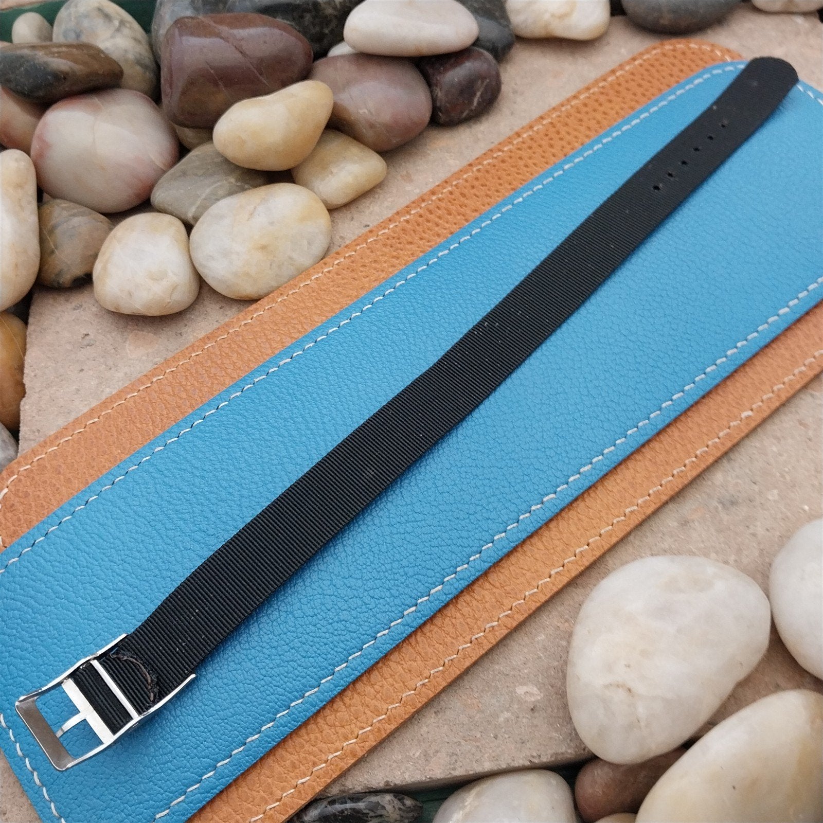 Vintage 16mm Black Stiff Nylon Classic Single Pass Unused NOS 1970s Watch Band