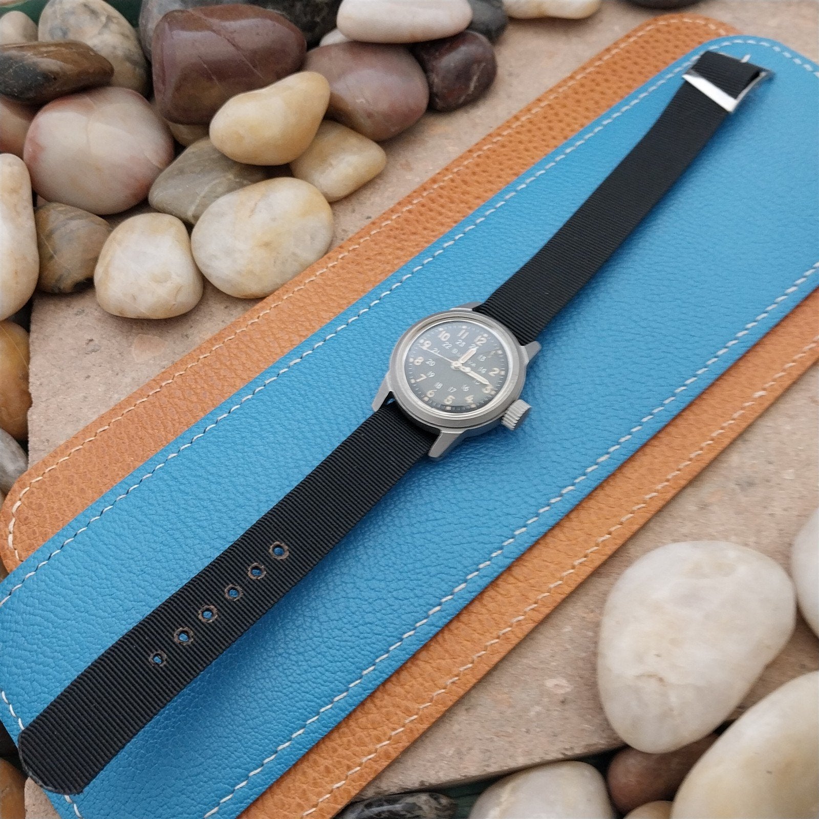 Vintage 16mm Black Stiff Nylon Classic Single Pass Unused NOS 1970s Watch Band