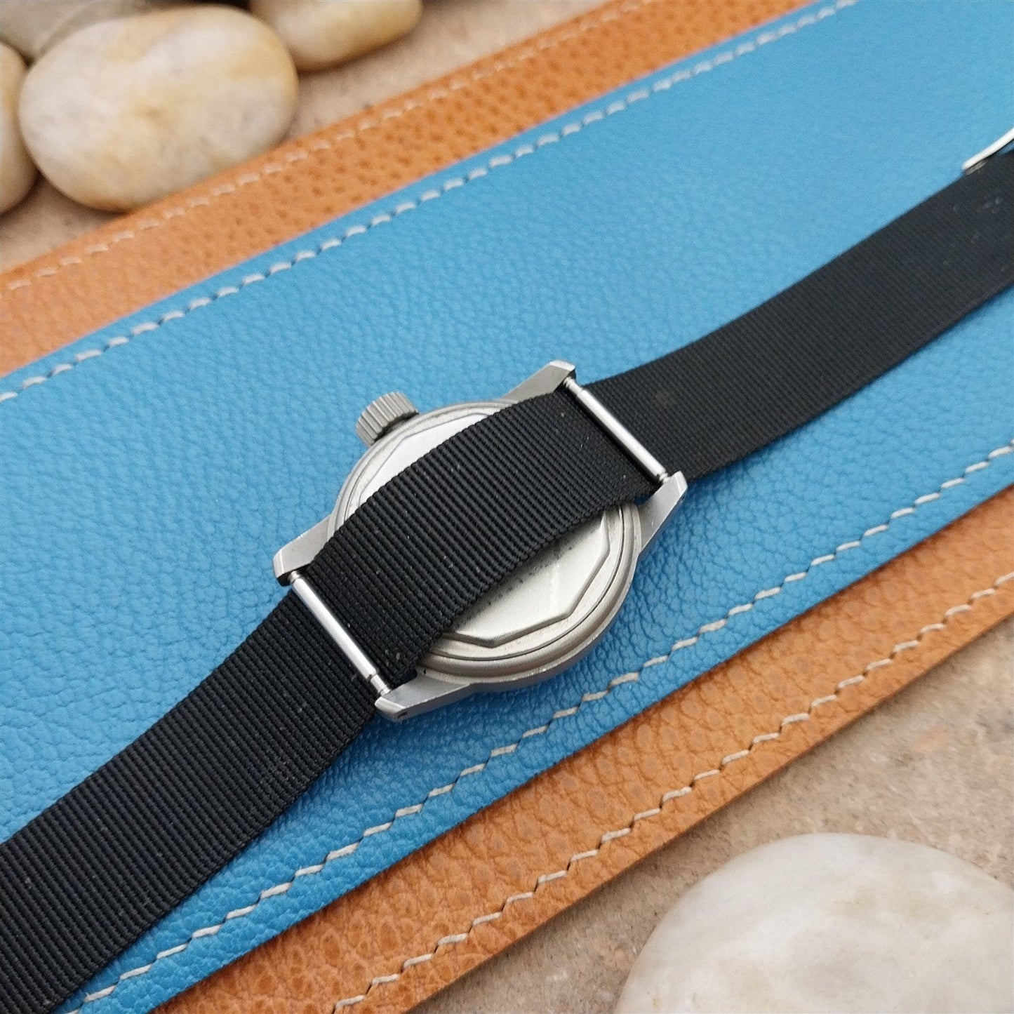 Vintage 16mm Black Stiff Nylon Classic Single Pass Unused NOS 1970s Watch Band