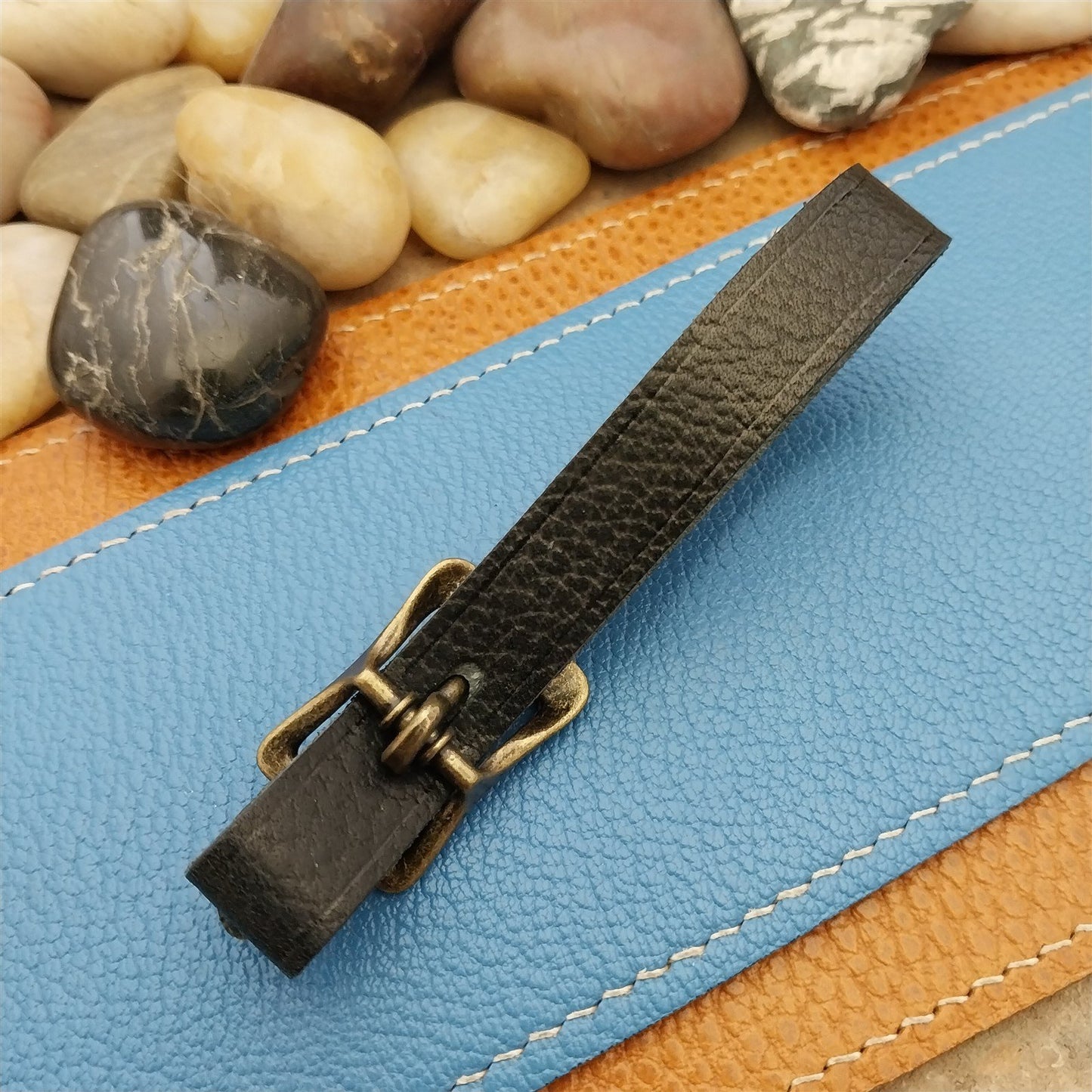 Black Grain Saddle Leather Pocket Watch Fob Strap & Antique Finish Solid Buckle